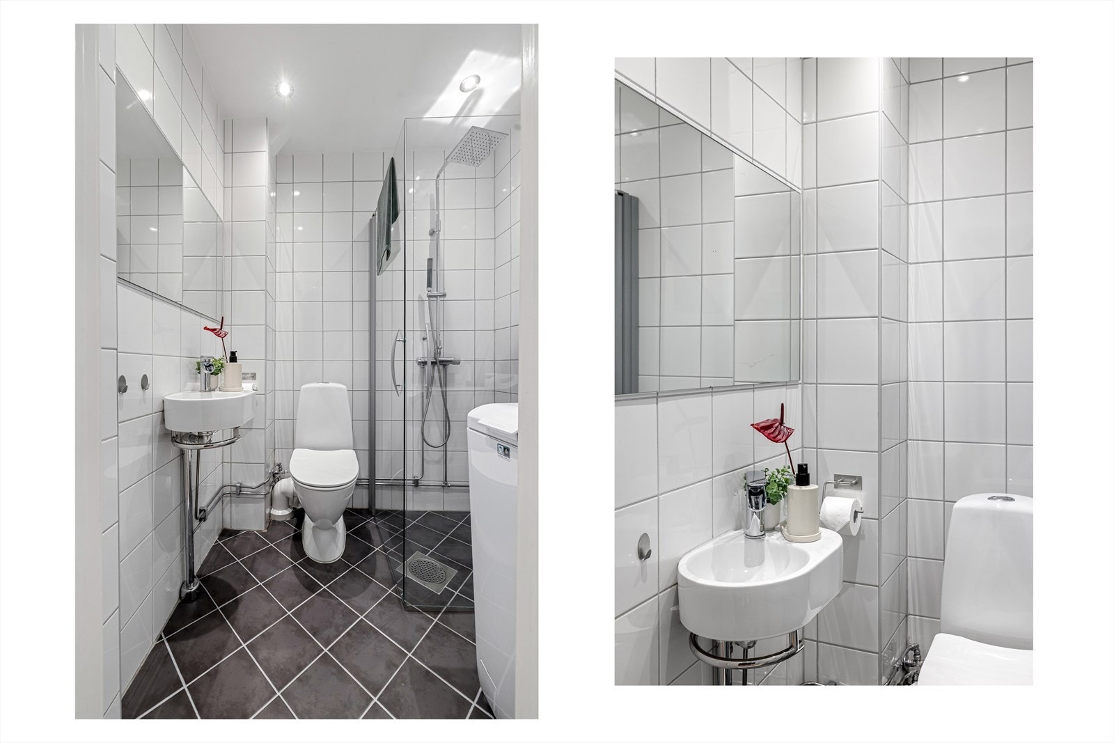 Praktisk, tidløst bad med flislagte overflater, behagelig gulvvarme og downlights i himling. Badet er utstyrt med veggmontert toalett, dusjhjørne med innfellbare dusjdører og vegghengt servant. Galleribilde