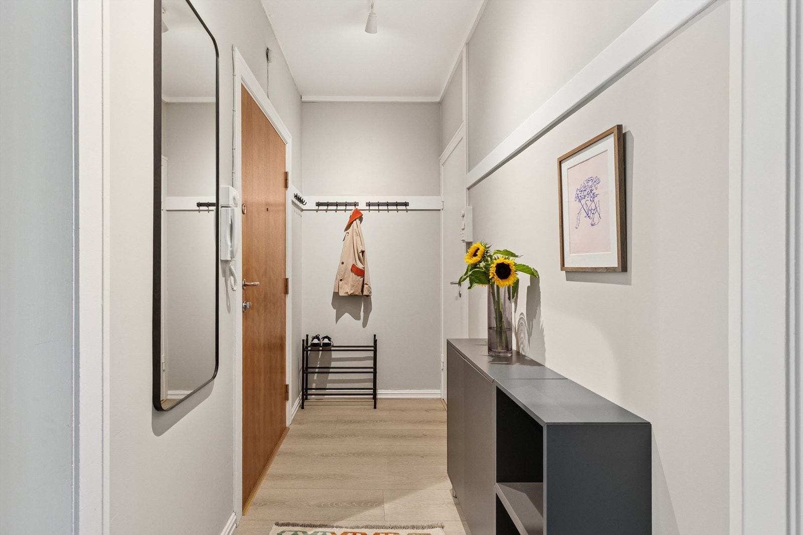 Pen entré med plass til oppbevaring av yttertøy og sko Galleribilde