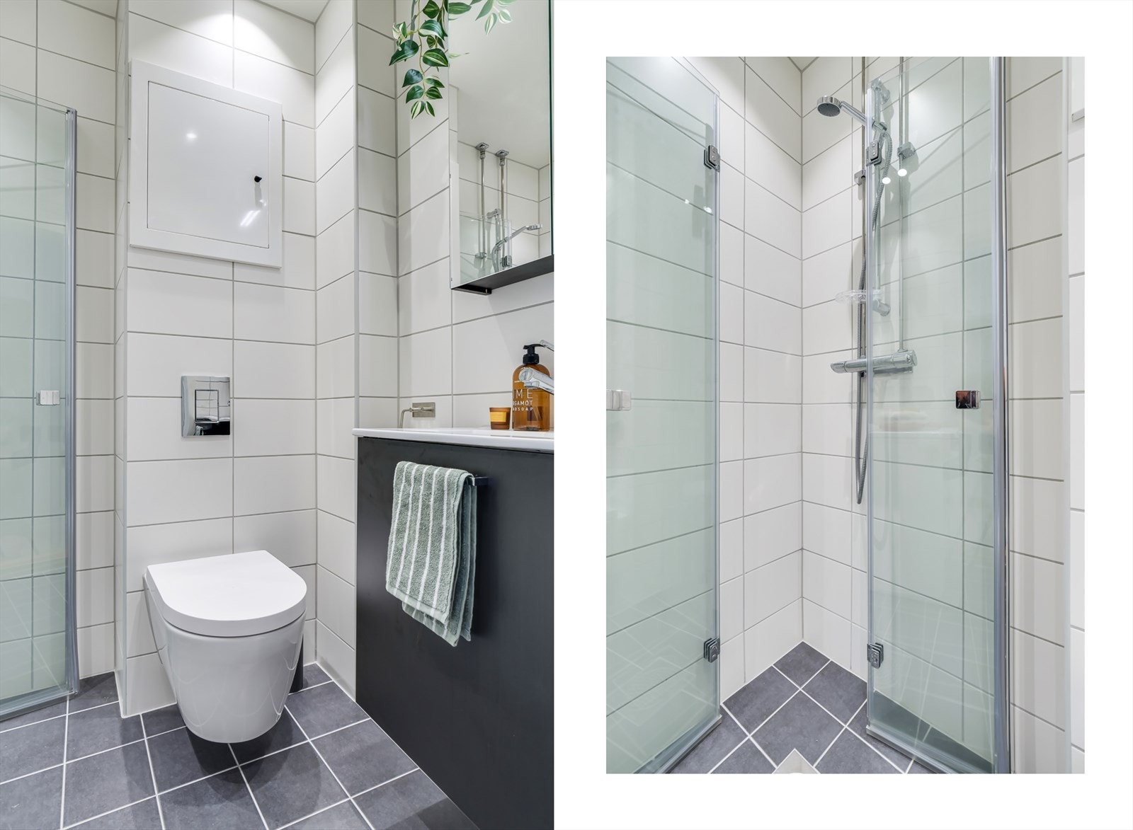 Innredningen består av servantskap med skuffeseksjon, speilskap, vegghengt toalett og dusjhjørne med glassdører. Galleribilde