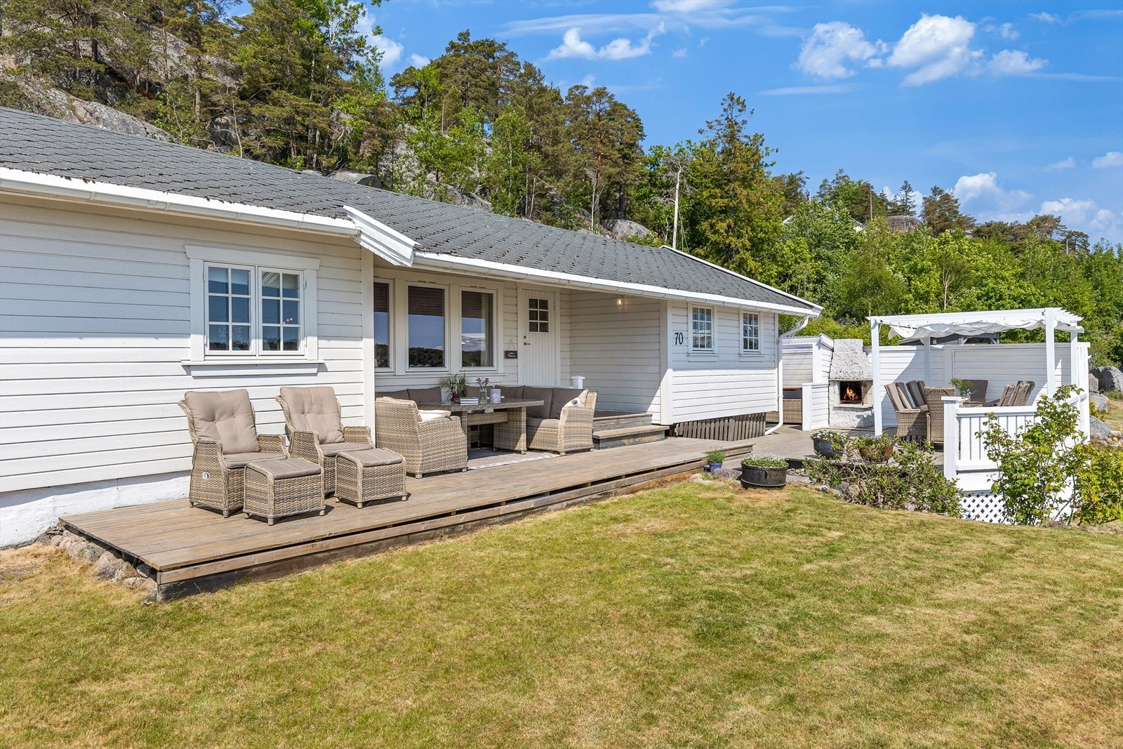 Overbygg med varmelamper gjør det hyggelig å sitte ute selv på dager med regn i luften eller til langt på kvelden Galleribilde