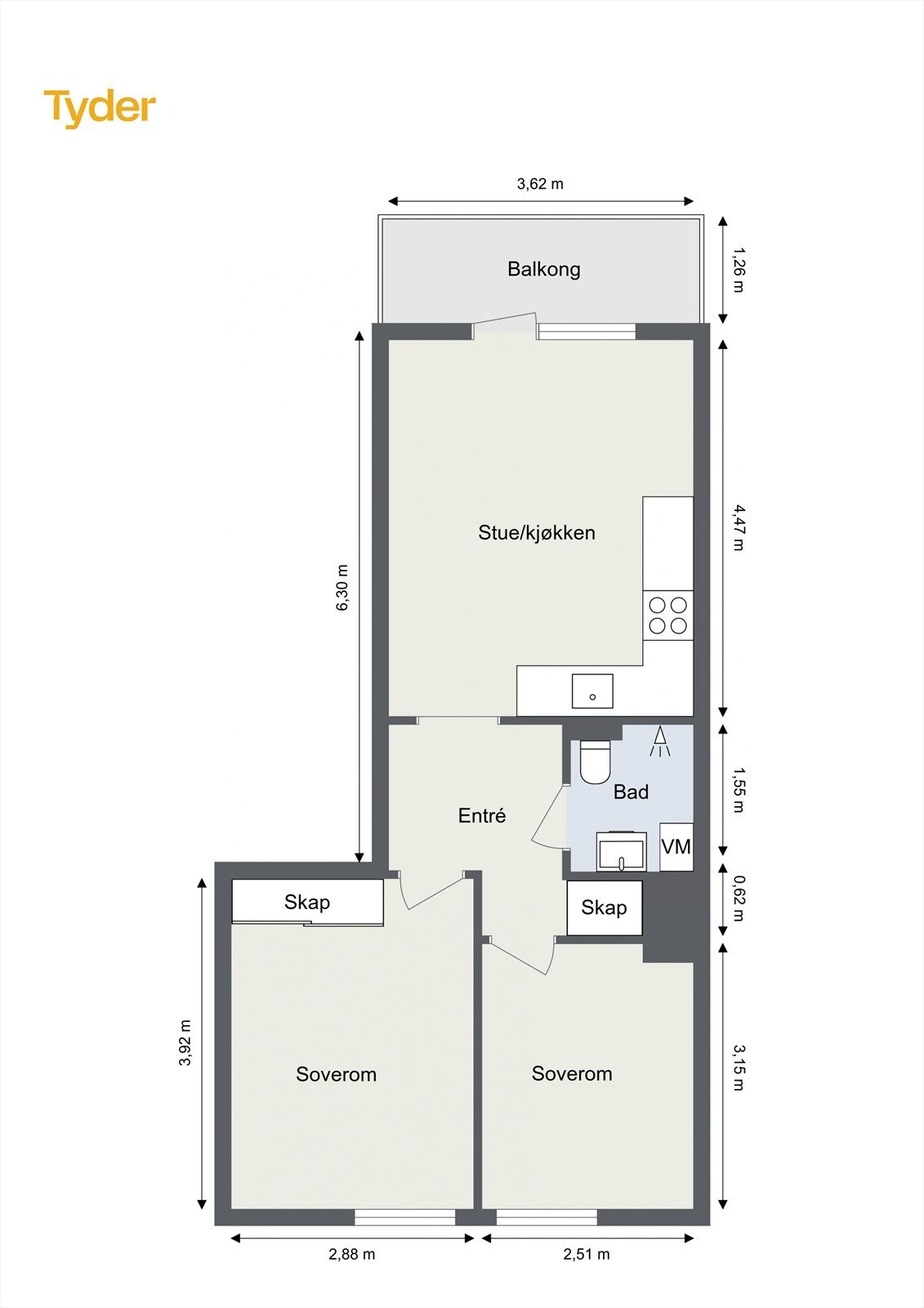 Alternativ planløsning med 2 soverom. Galleribilde