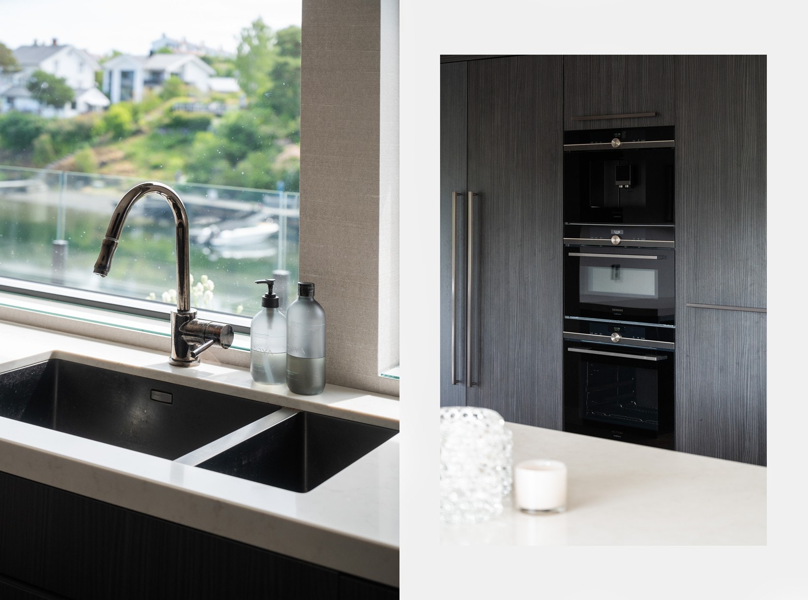 Benkeplater i lys marmorfaget kompositt. Det er takmontert avtrekksvifte tilkoblet kanal ut over kjøkkenøyen. Galleribilde