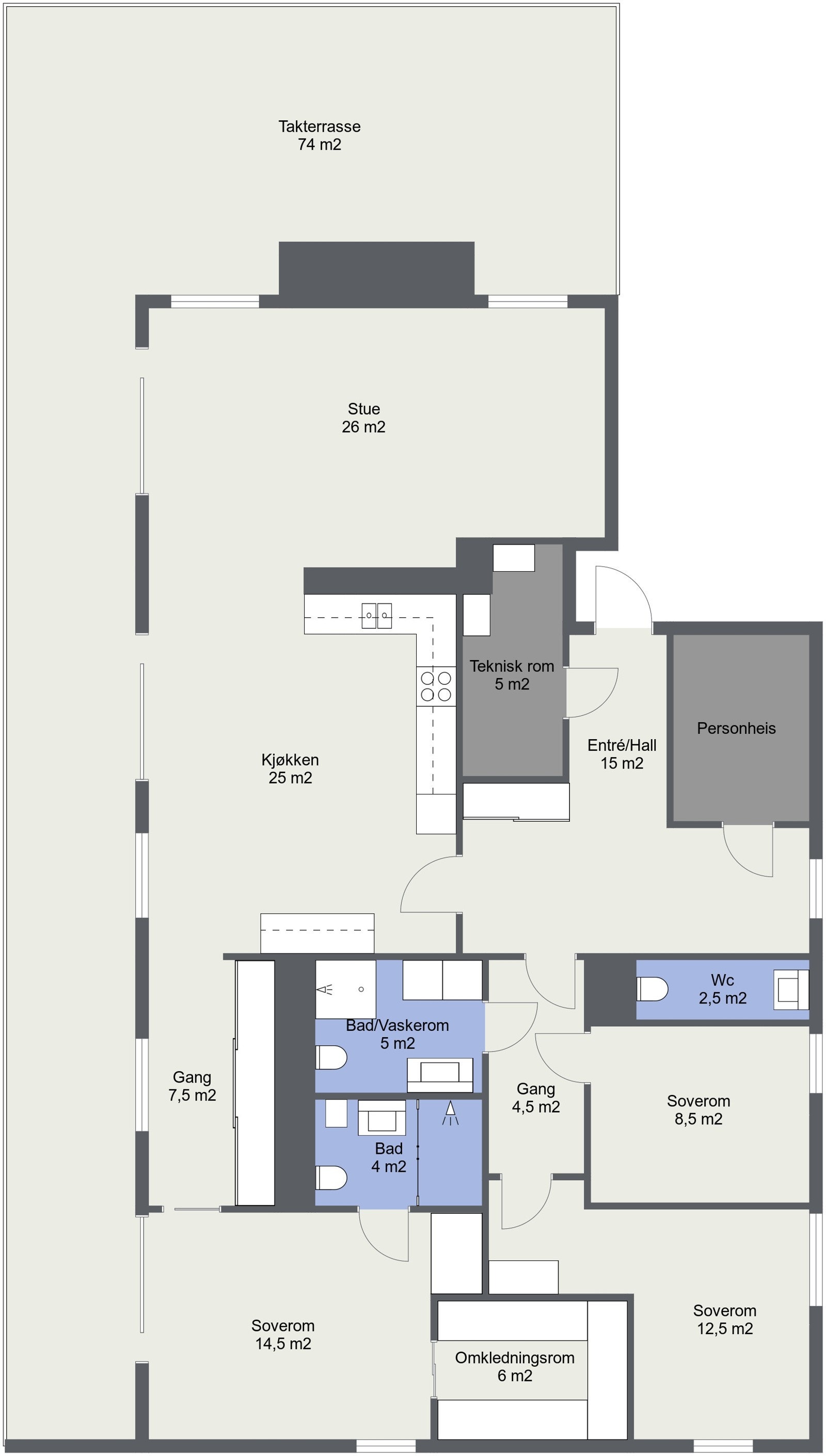 Plantegning av hele 7. etg. Består av følgende: Entré/hall, heis direkte til leilighet, teknisk rom, wc, stue, kjøkken, 2 bad/wc, 3 soverom, omkledningsrom, takterrasse på 74 kvm, 2 stk garasjeplasser, bod i kjeller. Galleribilde