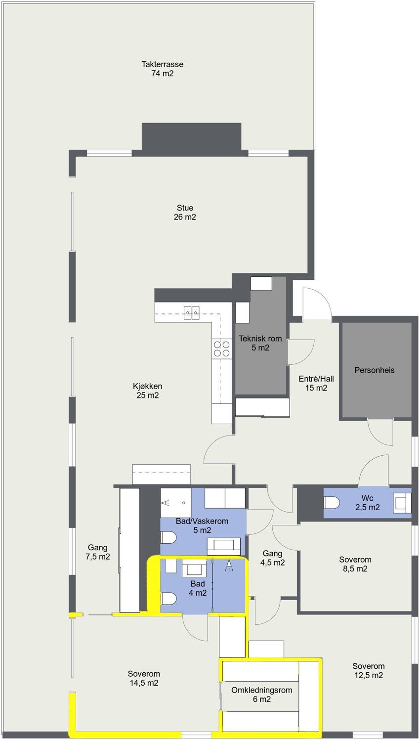 Plantegning av sone 3: Består av: Hovedsoverommet ligger i en suite løsning, med bad, omkledningsrom og utgang til takterrassen. Galleribilde