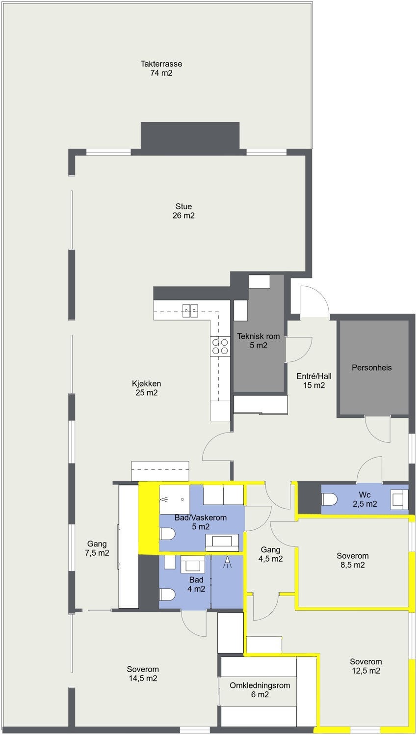 Plantegning av sone 2: Består av 2 stk soverom med solskjerming, gang og bad/wc/vaskerom. Galleribilde