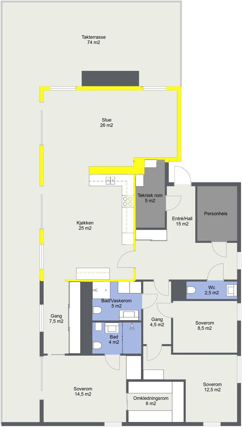 Plantegning av Sone 1: Leiligheten er delt opp i 3 soner, sone 1 består av Stue og kjøkken med flere utganger til takterrasse. Galleribilde