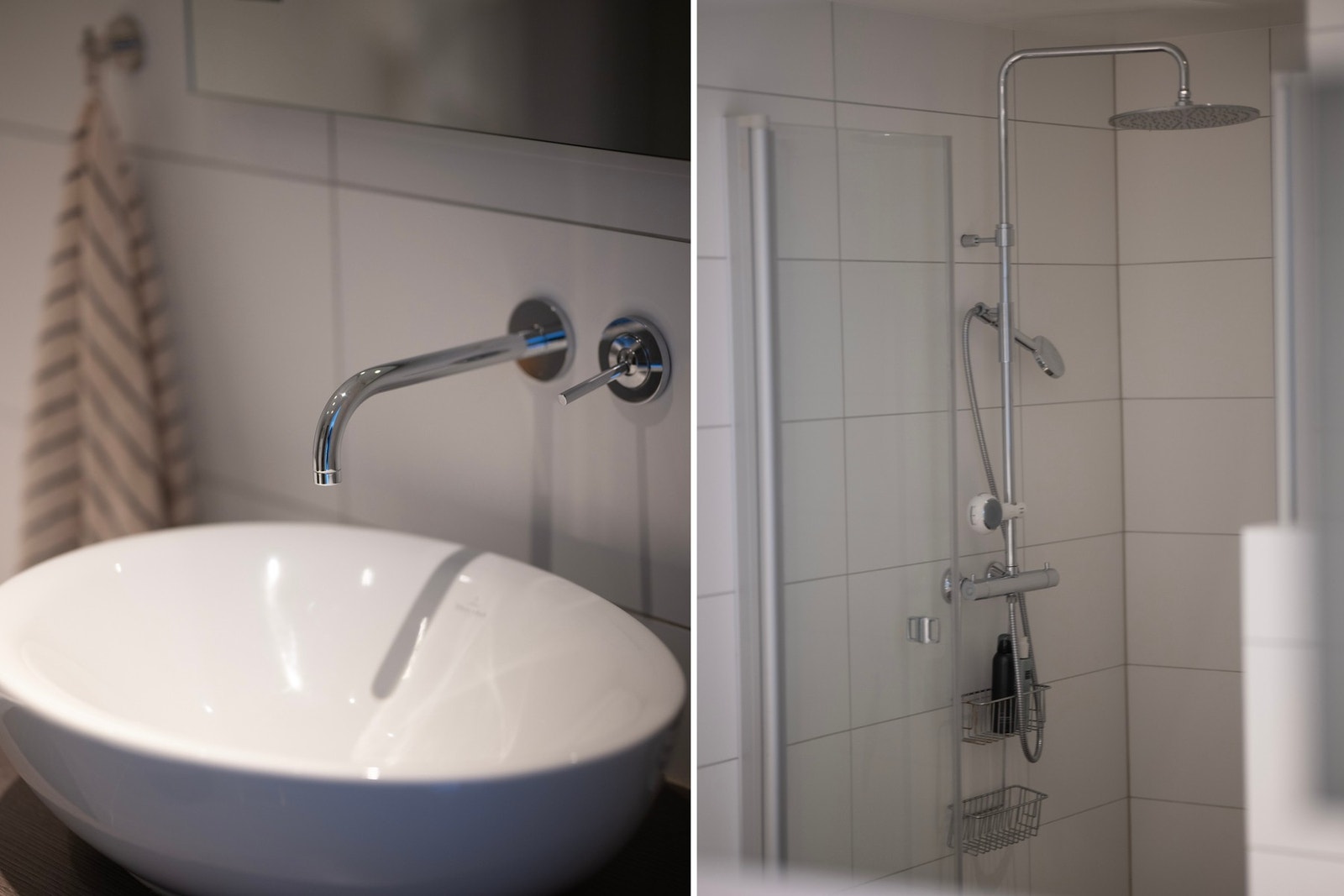 Baderommet har en gjennomført og tidløs stil med moderne fliser og elegant innredning. Galleribilde