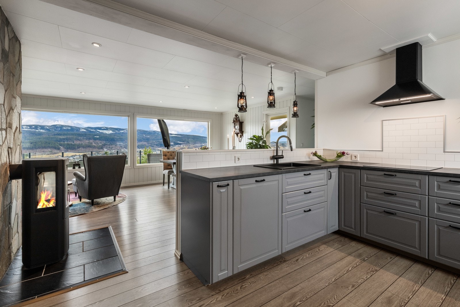 Alle hvitevarene er integrerte, bestående av platetopp, stekeovn, kjøleskap, mikrobølgeovn og oppvaskmaskin. Galleribilde