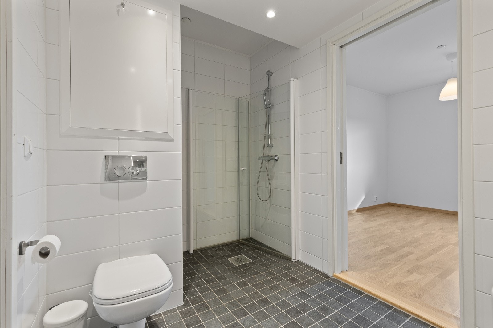 Separat dusjsone med hånddusj og innfellbare dusjvegger i glass. Himlingen er pent lyssatt med downlights. Galleribilde