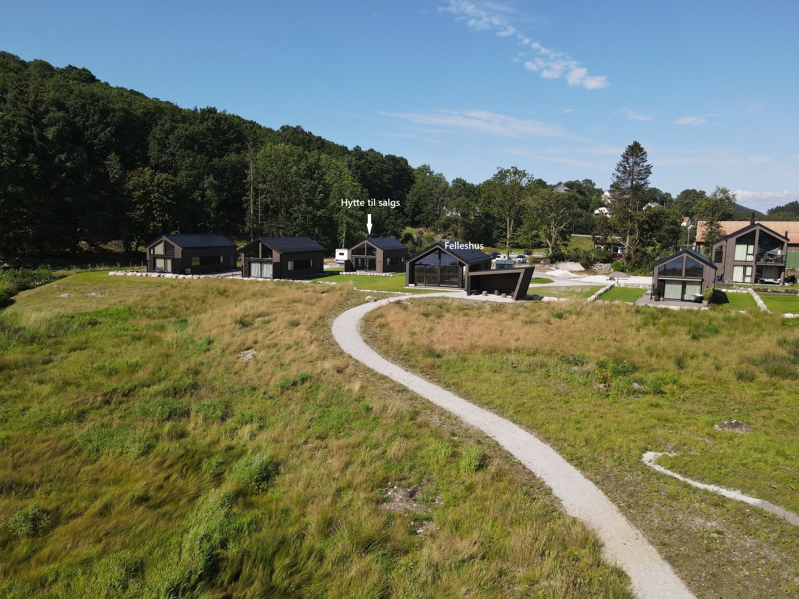 Sti fra båtplass til hyttefeltet. Plassering av hytte i forhold til feltet og utsikt Galleribilde