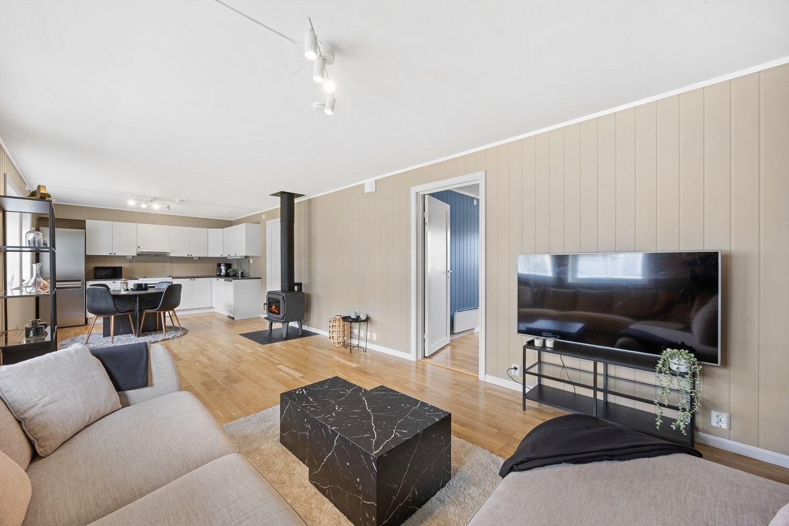 Det er plass til både sofagruppe, spisebord og ytterligere møblement. Galleribilde