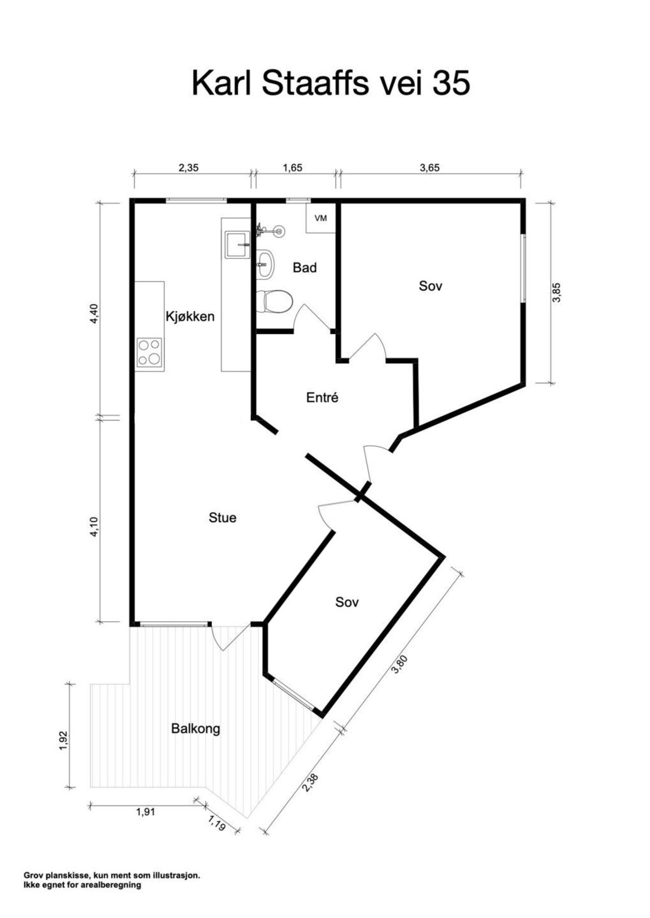Plantegning - ikke målbar. Avvik kan forekomme. Alternativ plantegning med to soverom, og åpen stue/ kjøkkenløsning. Galleribilde