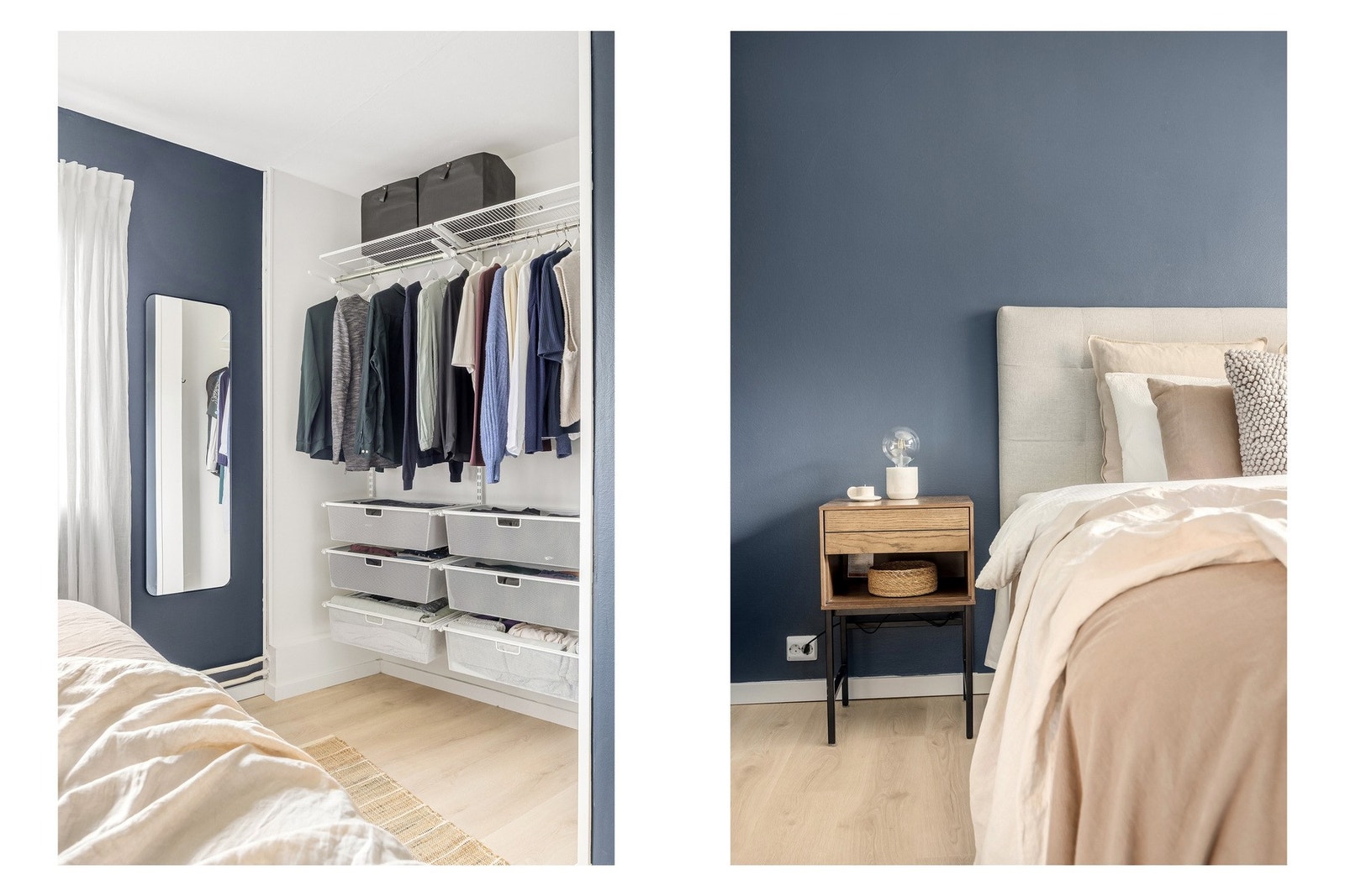 Praktisk nisje for oppbevaring. Elfa garderobeinnredning fra 2025 medfølger. Galleribilde