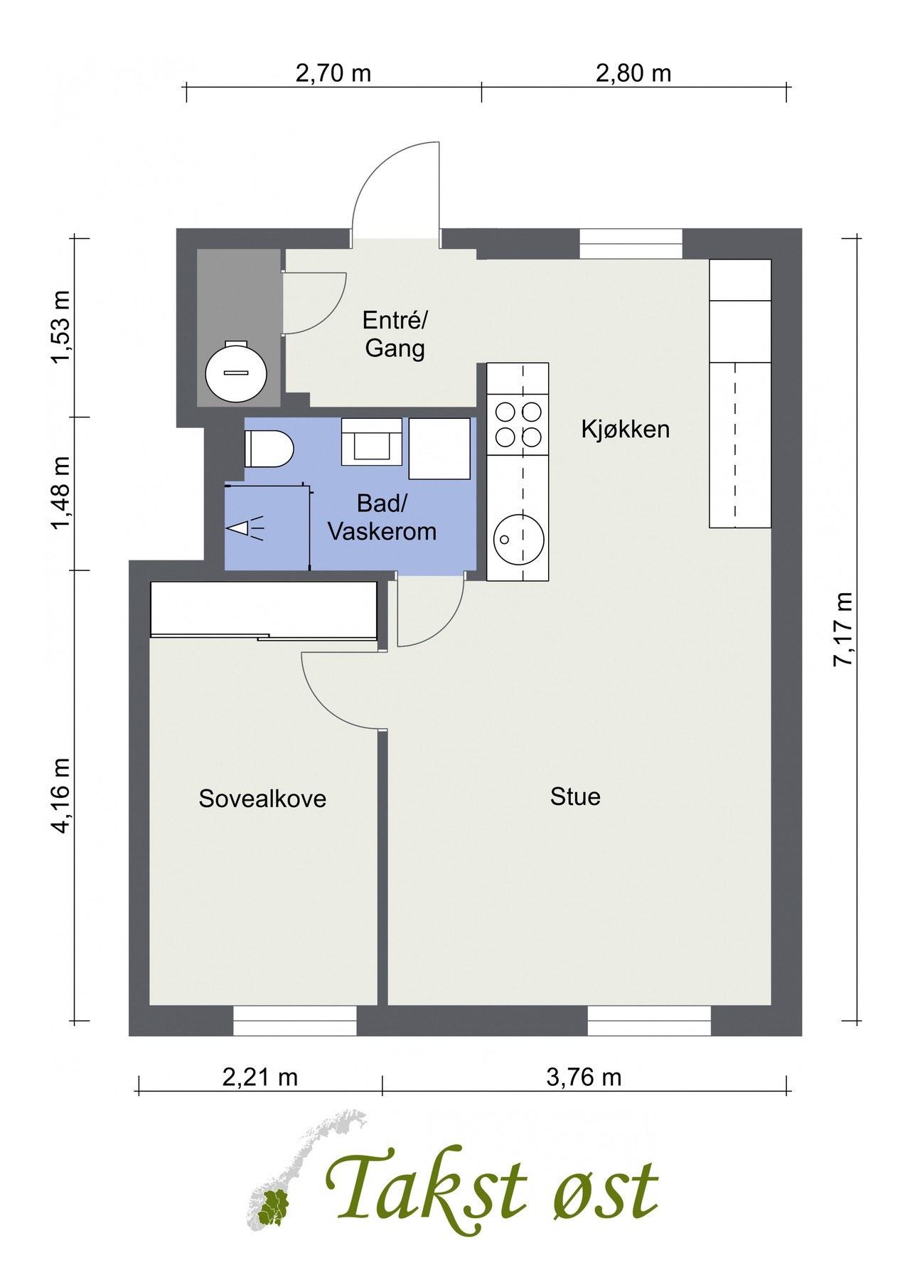 Plantegning. I tillegg disponerer leiligheten en utebod med gulvareal på ca. 4,5 kvm. Galleribilde