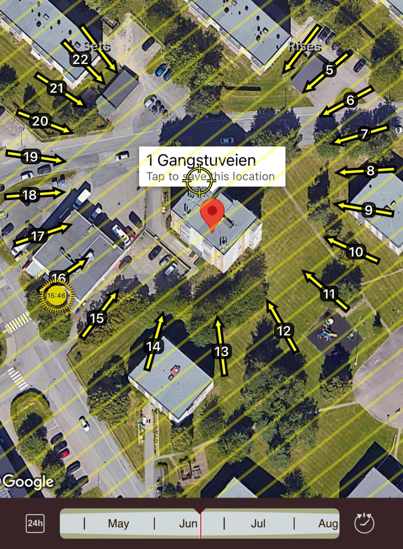 Soldiagram viser kun solstrålenes retning. Faktiske solforhold kan avvike. Galleribilde