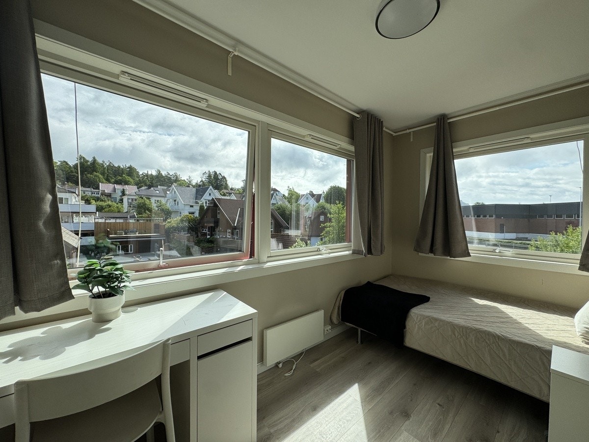 Rom 4 er et fint hjørnerom med mye lys og vinduer. skrivebord og stol Galleribilde