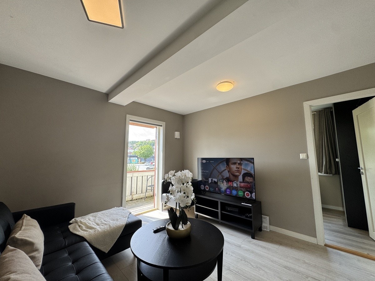 Stue med TV, bord og sofa Galleribilde