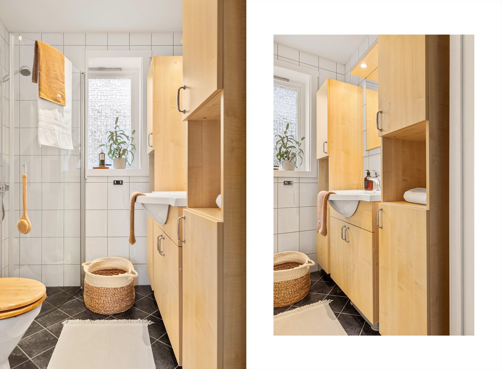 Badet er innredet med toalett, helstøpt servant med skap og dusjdører i klart glass Galleribilde