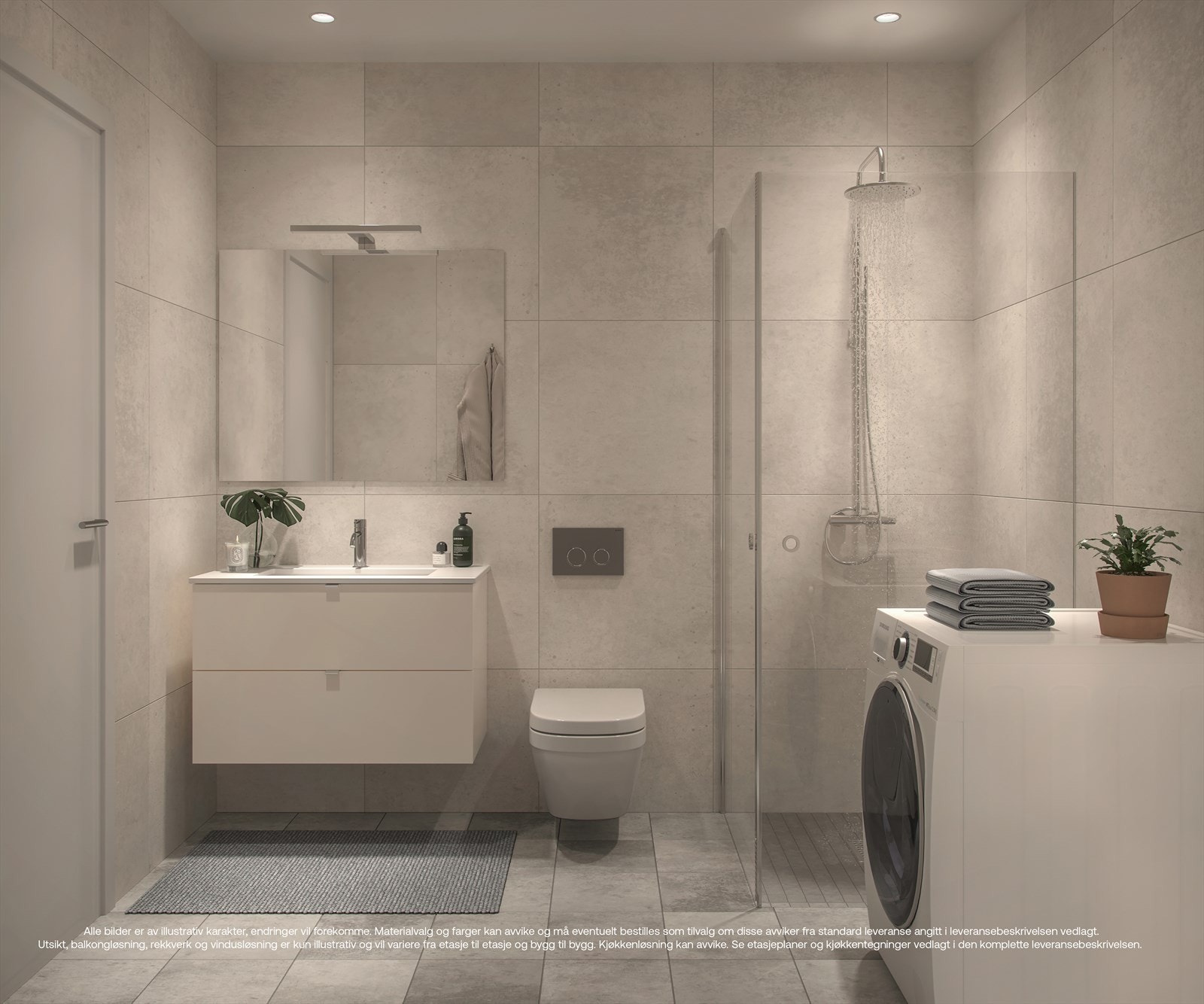 Lekkert flislagt baderom, med innredning fra HTH. Galleribilde