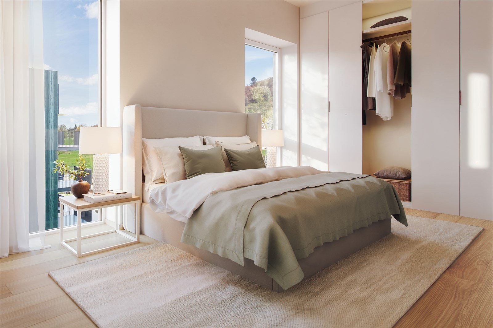 Gulvet er en 1-stavs hvitpigmentert eikeparkett og oppholdsrommene malt i en lys gråbeige tone. Illustrasjon. Avvik vil forkomme. Galleribilde