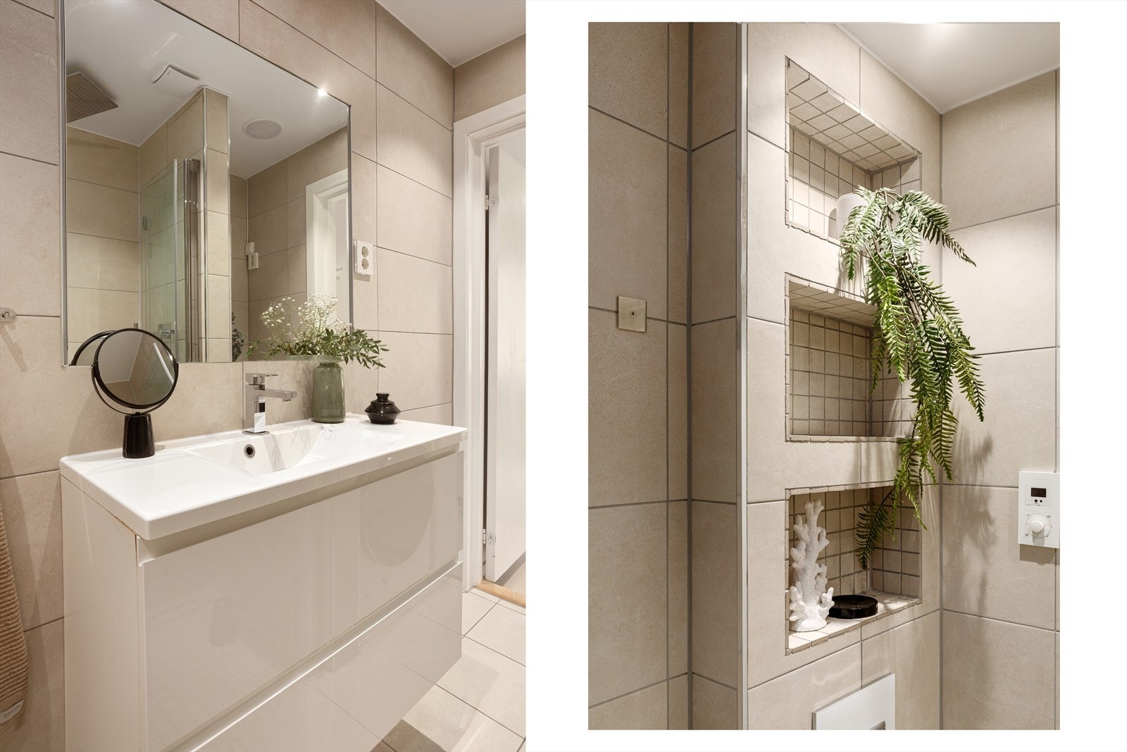 Baderommet er utstyrt med dusj på gulv med dører i herdet glass, veggfestet klosett, servant med innredning og speil over servant Galleribilde