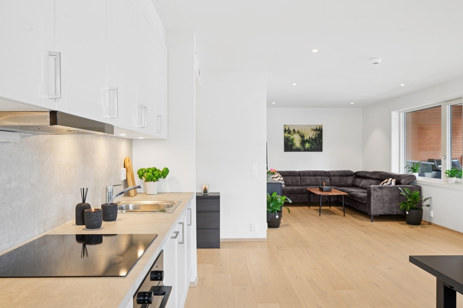 Leiligheten har en åpen stue- og kjøkkenløsning som gir plass til en komfortabel sofagruppe og spisegruppe. Galleribilde