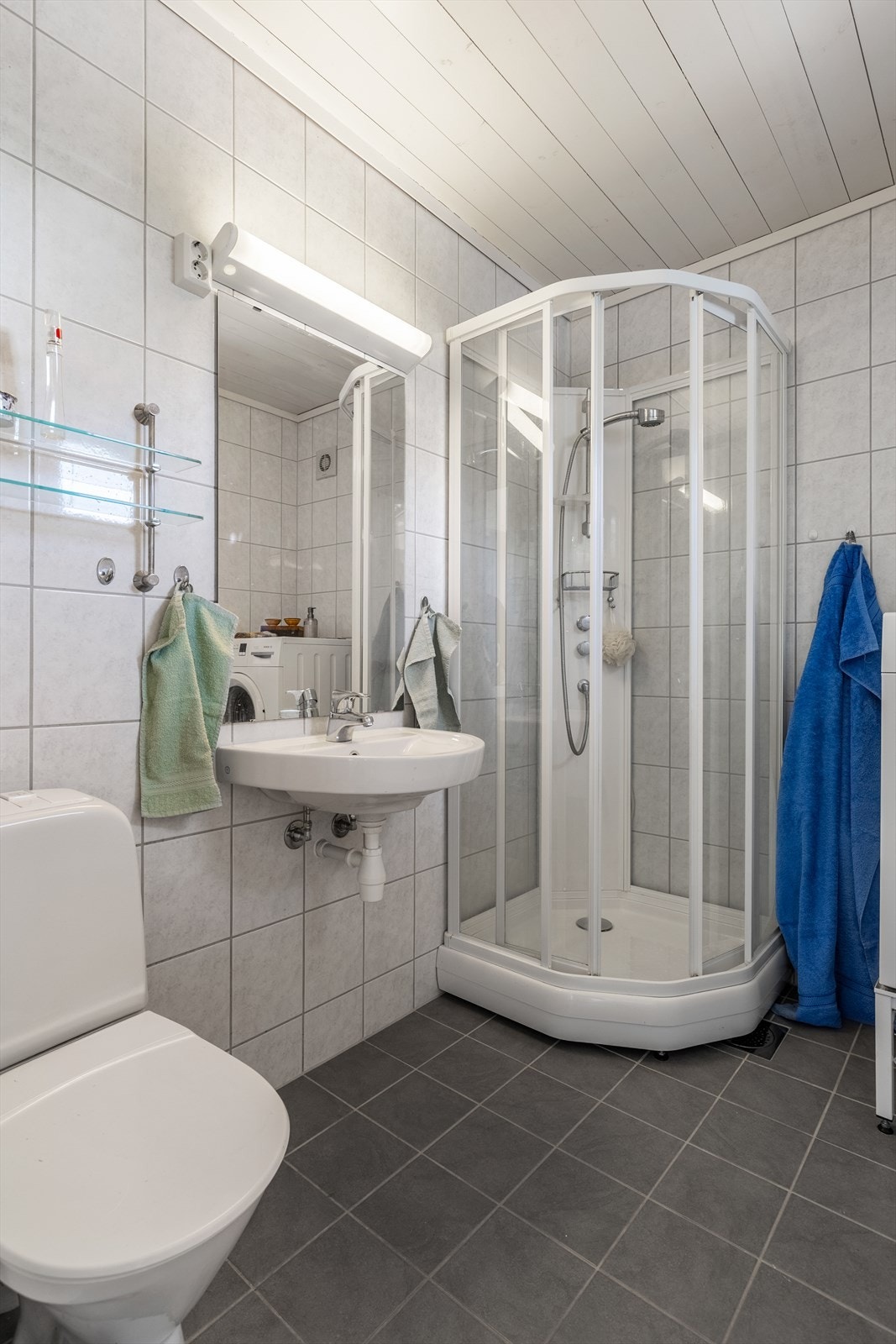 Toalett, servant, dusjkabinett og opplegg for vaskemaskin Galleribilde