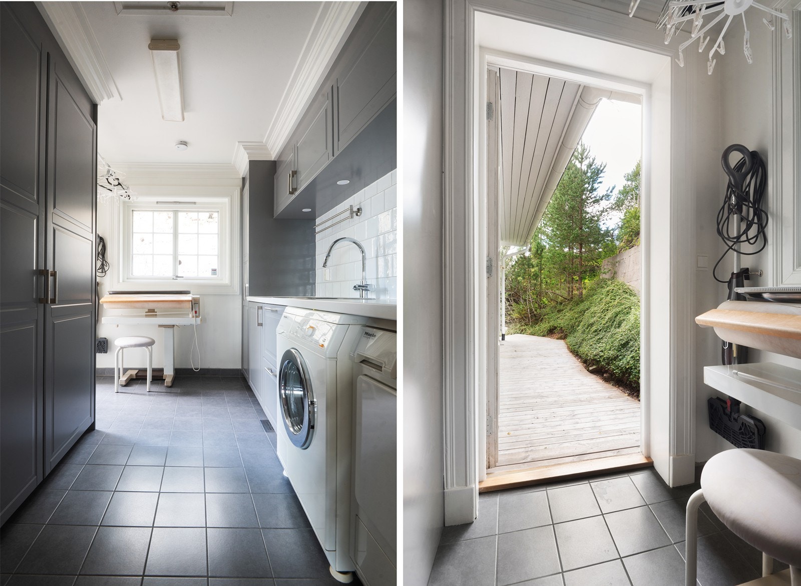 Romslig vaskerom med store skap og god benkeplass, samt praktisk utgangsdør direkte ut bak huset Galleribilde