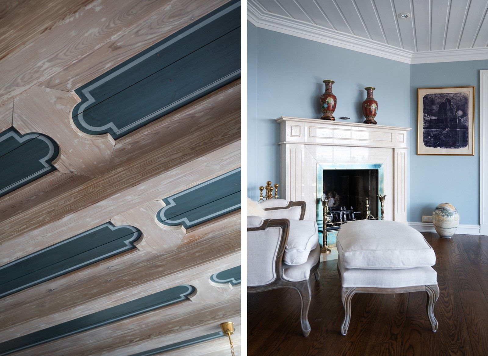 Diverse klassiske detaljer - himling i spisestuen og peis i stuen Galleribilde