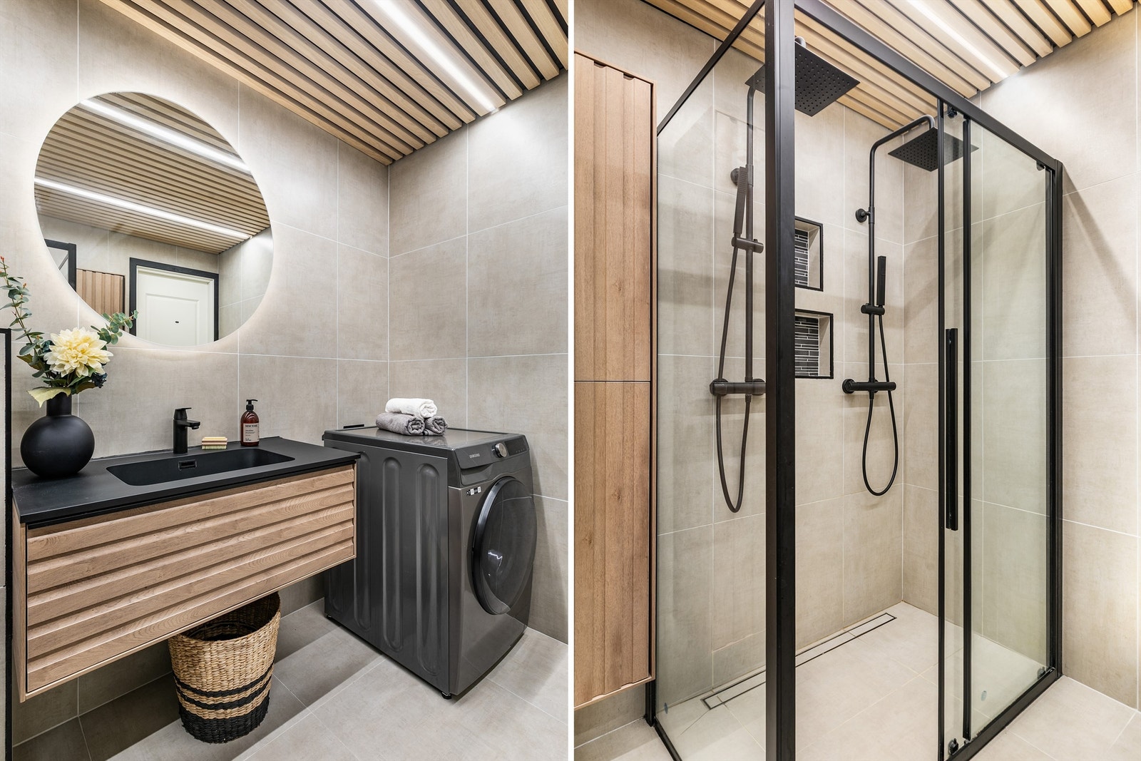 Stor dusjnisje med duplisert innredning muliggjør samtidig bruk av to personer. Legg også merke til spilehimlingen med belysning. Galleribilde