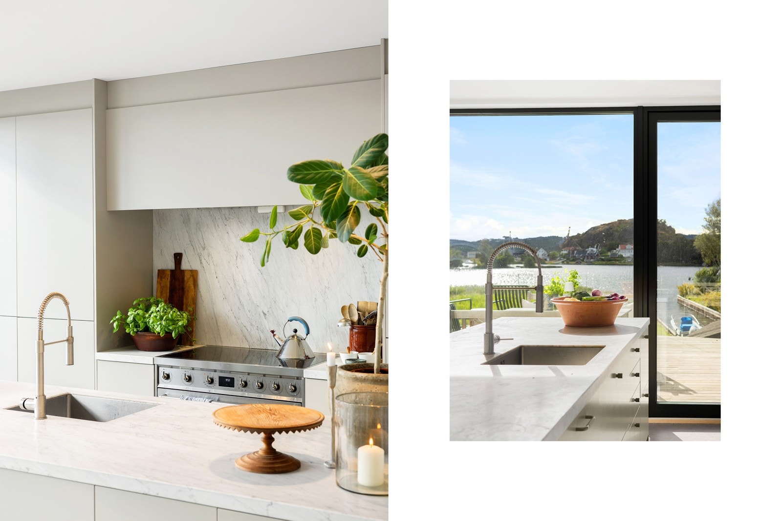 Legg merke til benkeplatene og backsplashen i marmor Galleribilde