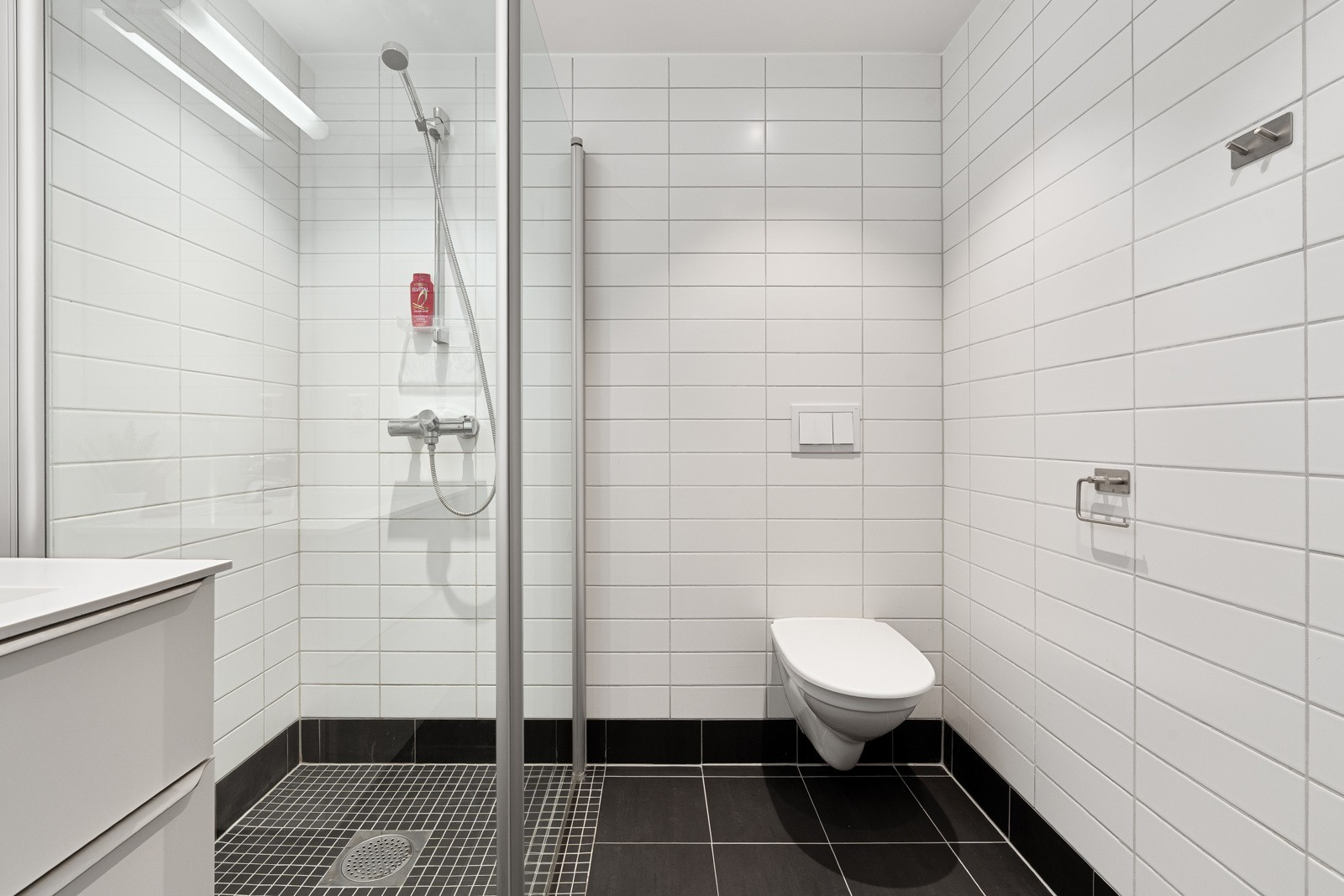 WC med innebygd cisterne og dusjhjørne i nedsenket sone.