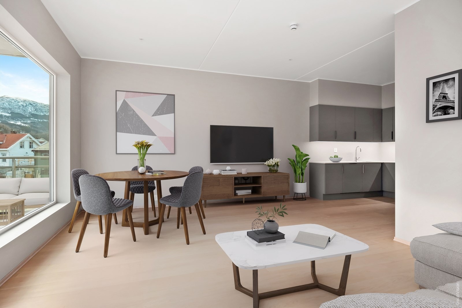 Leiligheiten ligg i 3 etasje med fast parkeringsplass og bod i underetasjen. Galleribilde