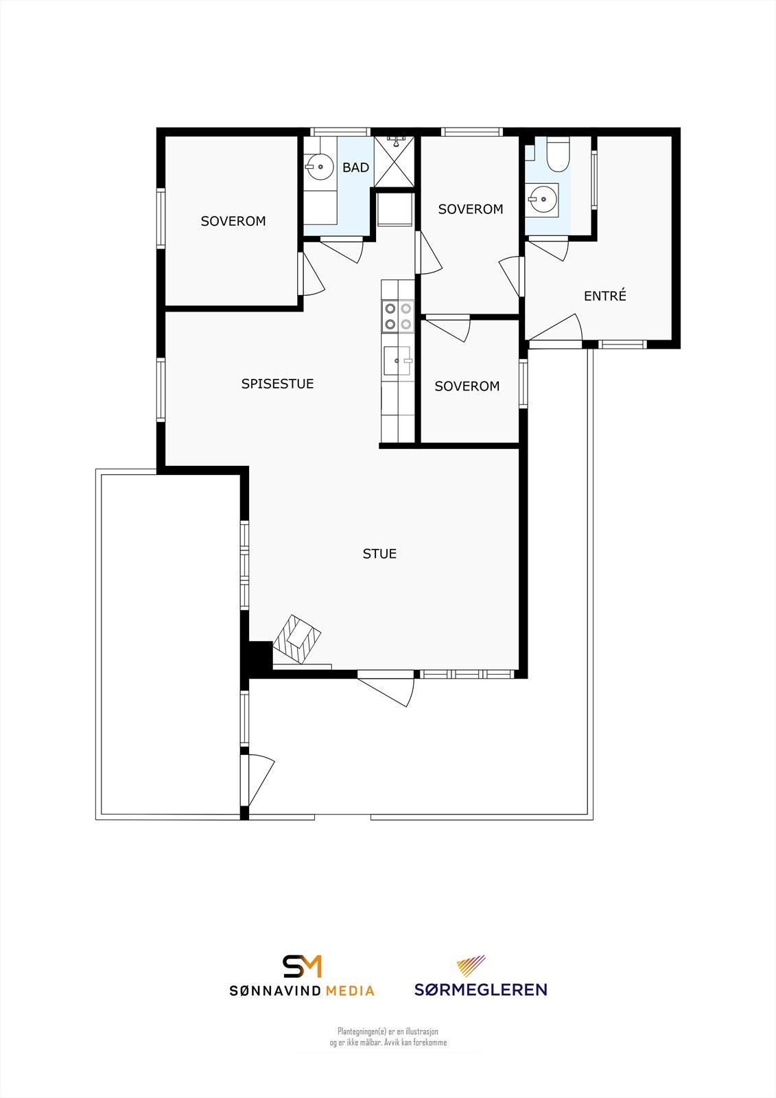 Plantegning (soverom bak kjøkkeninnredning er ikke godkjent som soverom ihht byggetegning) Galleribilde
