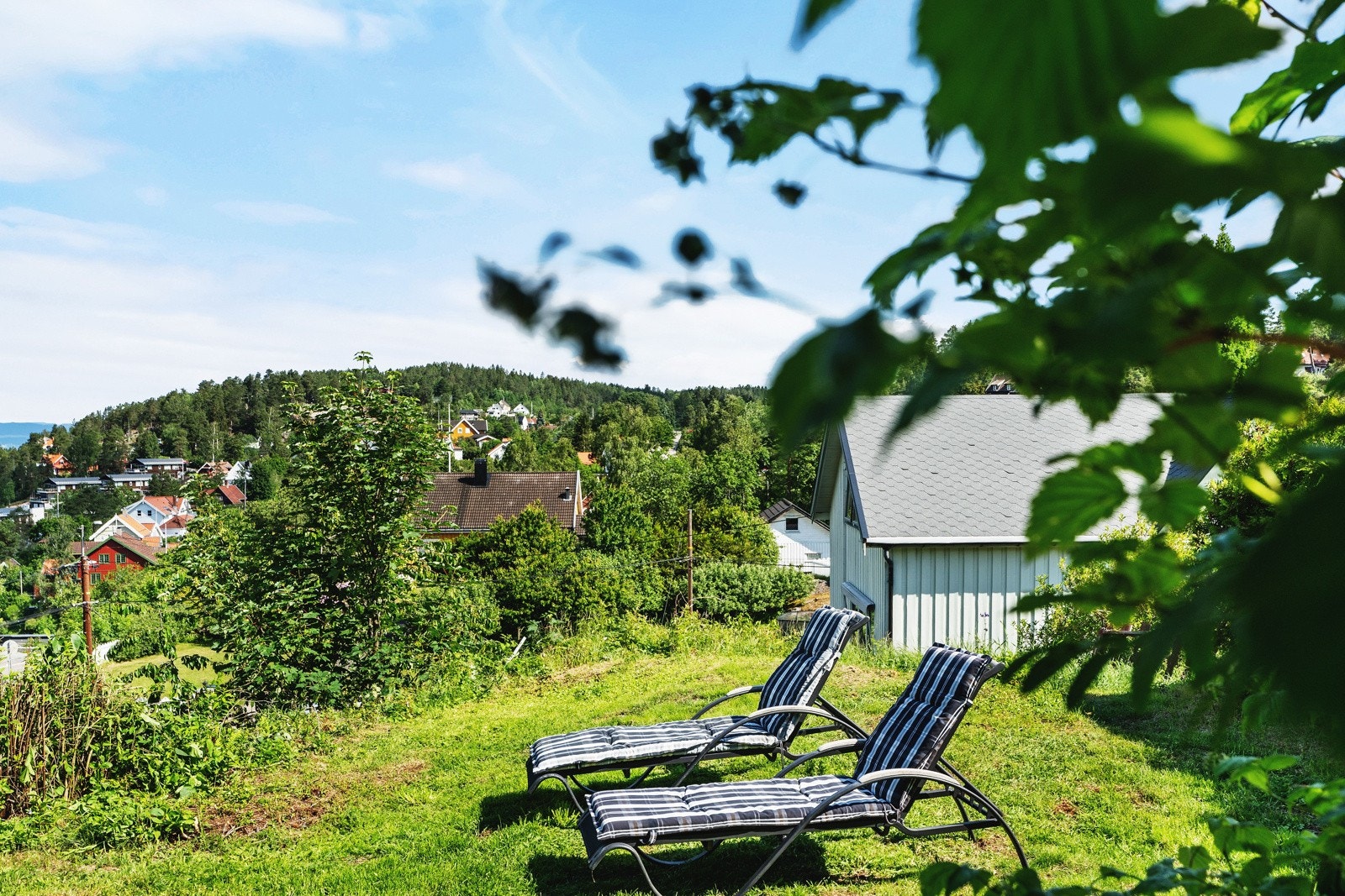 Vestvendt tomt som er pent opparbeidet med gressplen, beplantninger og til dels naturtomt Galleribilde