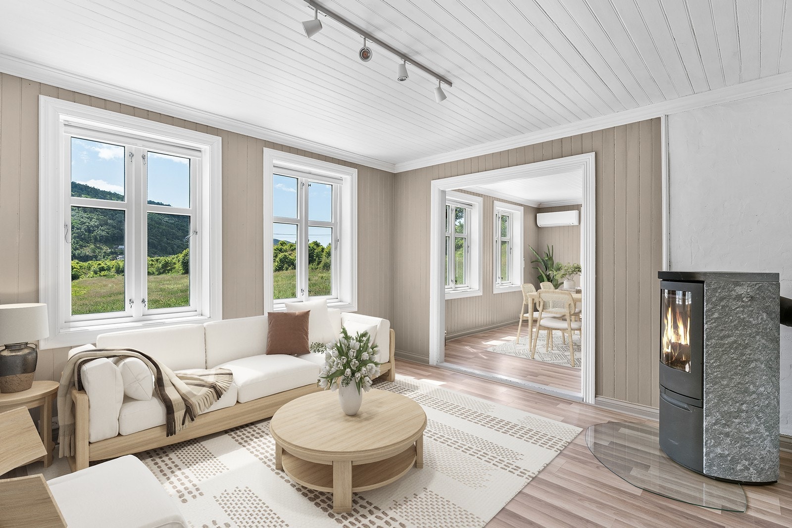 Lys, naturlig og flott stuedel - Stua er digitalt møblert Galleribilde