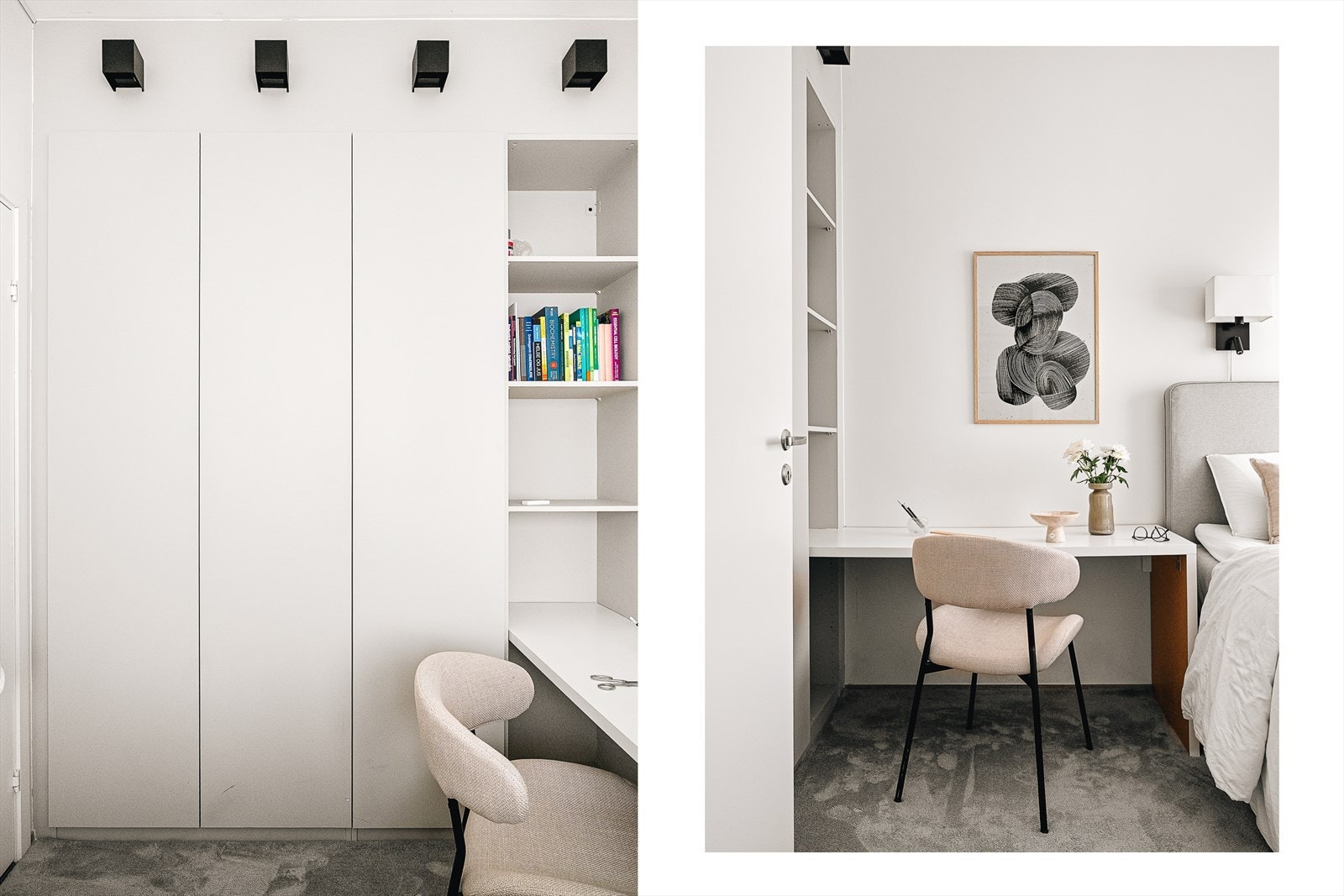Rommet har et lekkert og praktisk innebygget garderobeskap og skrivepult. Legg merke til den fine belysningen over skapet! Galleribilde