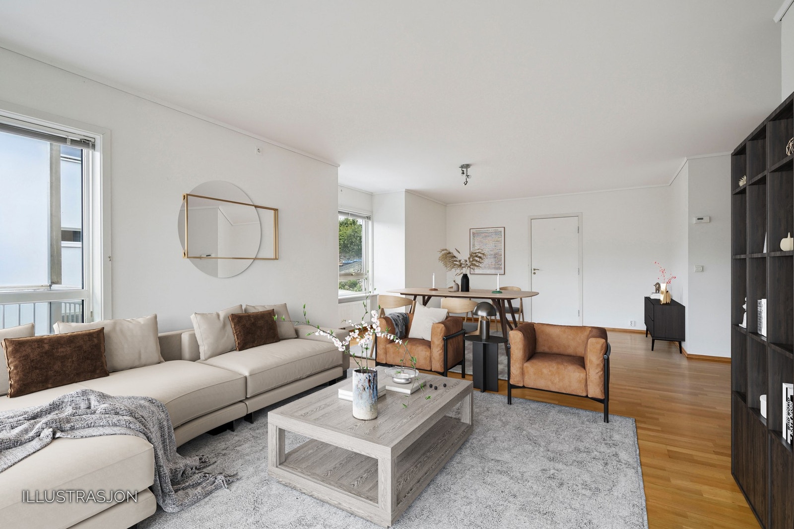 Stue. Gulvene er belagt med parkett. Galleribilde