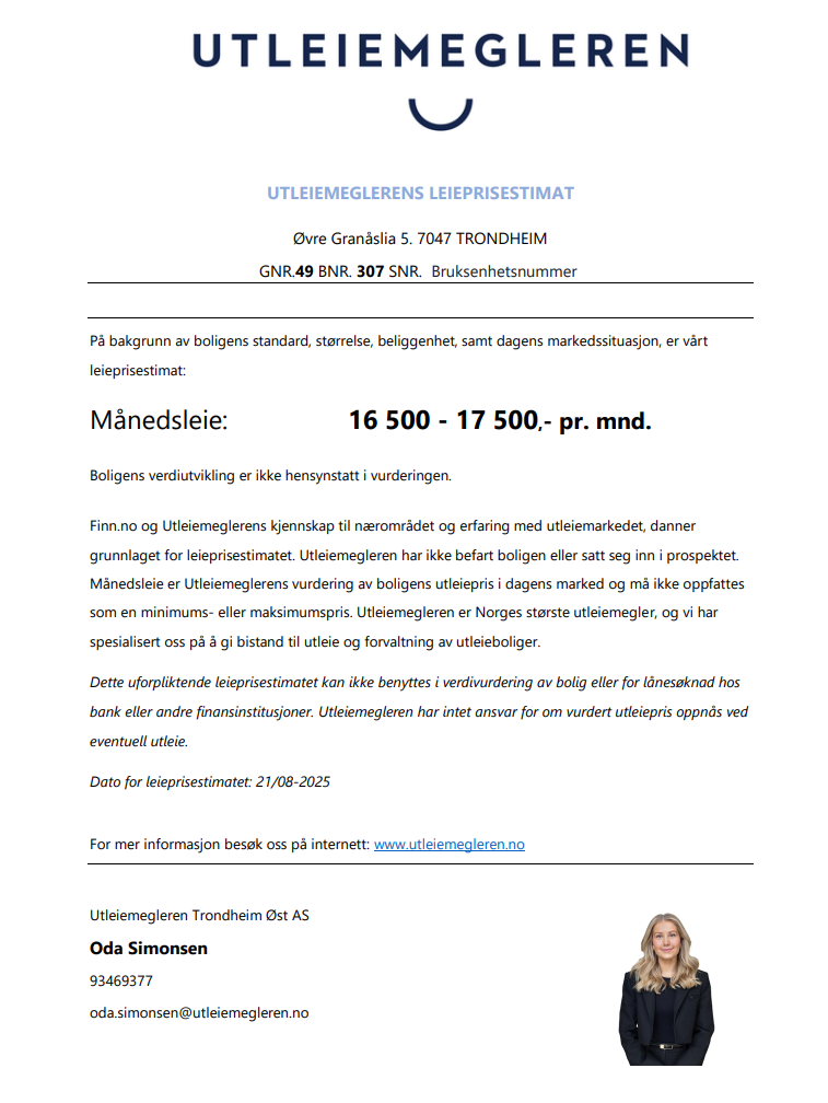 Utleiemegleren har estimert at utleieverdien på boligen ligger mellom kr. 16 500 - 17 500 pr. mnd. Galleribilde