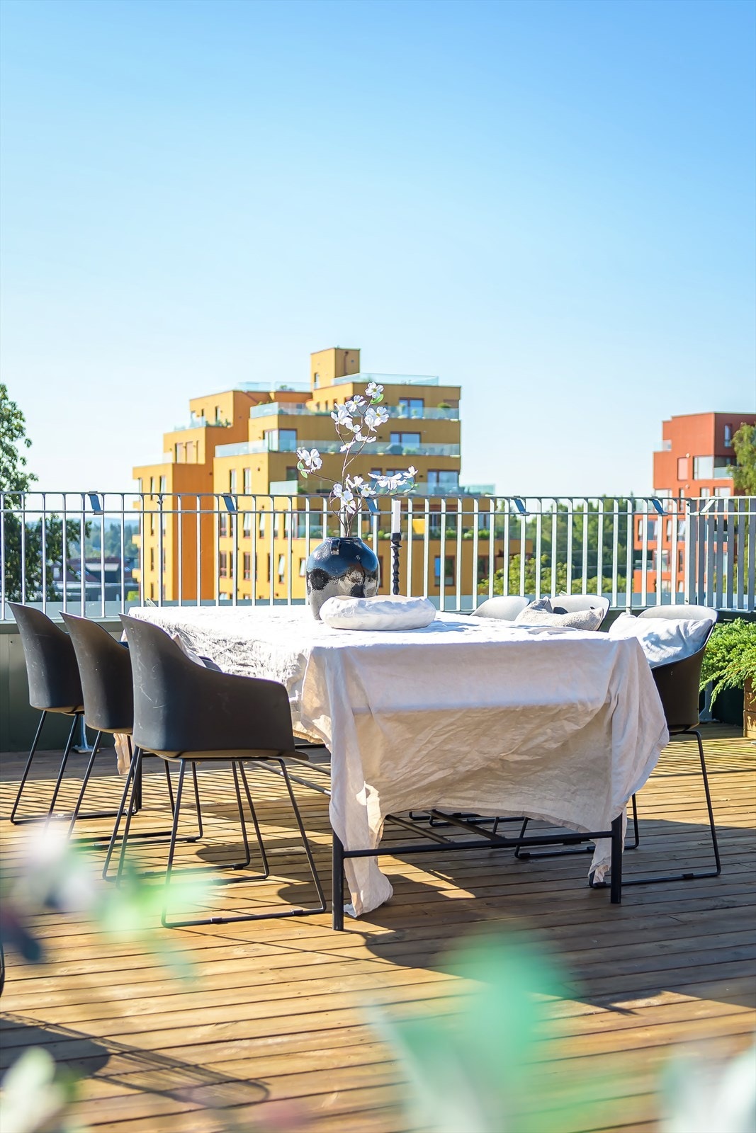 God plass til flere soner med sittegrupper og solsenger, samt grill og beplantning Galleribilde