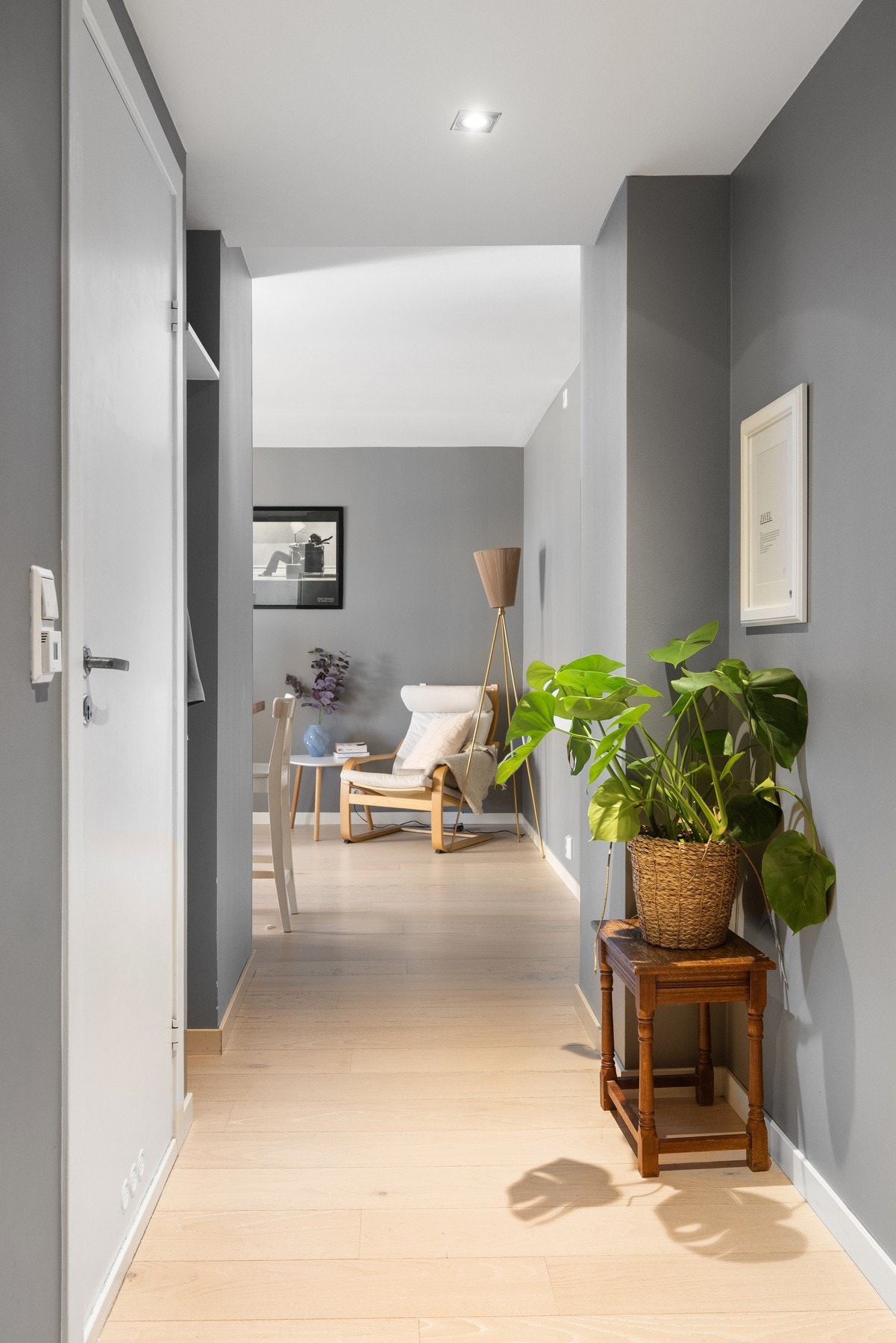 Vel innenfor døren møtes man av en innbydende gang med mørke vegger som skaper en flott kontrast til det lyse laminatgulvet. Galleribilde