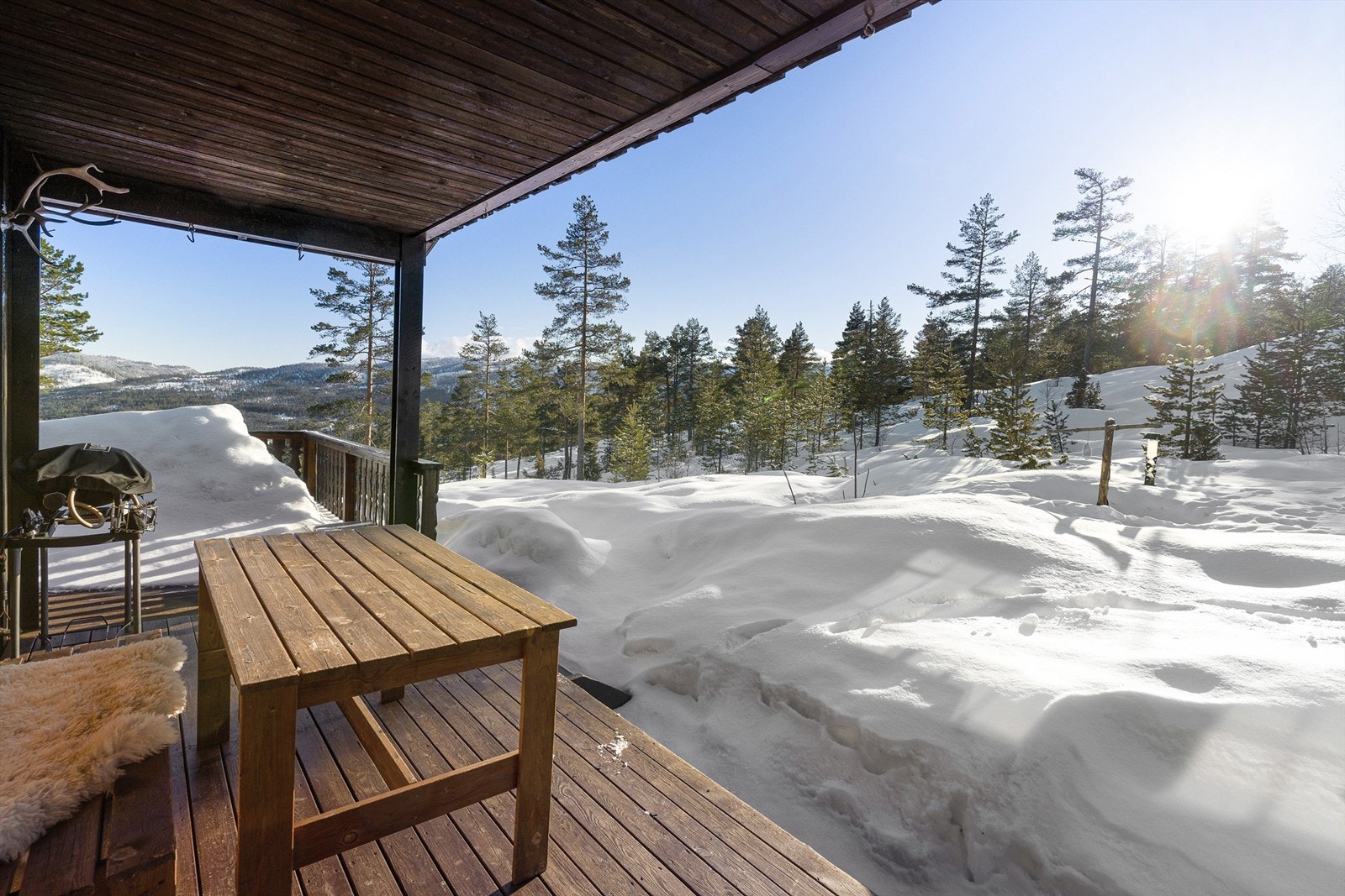 Hytten ligger særs godt til, nederst på hyttefeltet, helt usjenert. Her kan man nyte solen som kommer tidlig om morningen og se den gå ned bak åsen rundt kl. 19 på sommeren Galleribilde