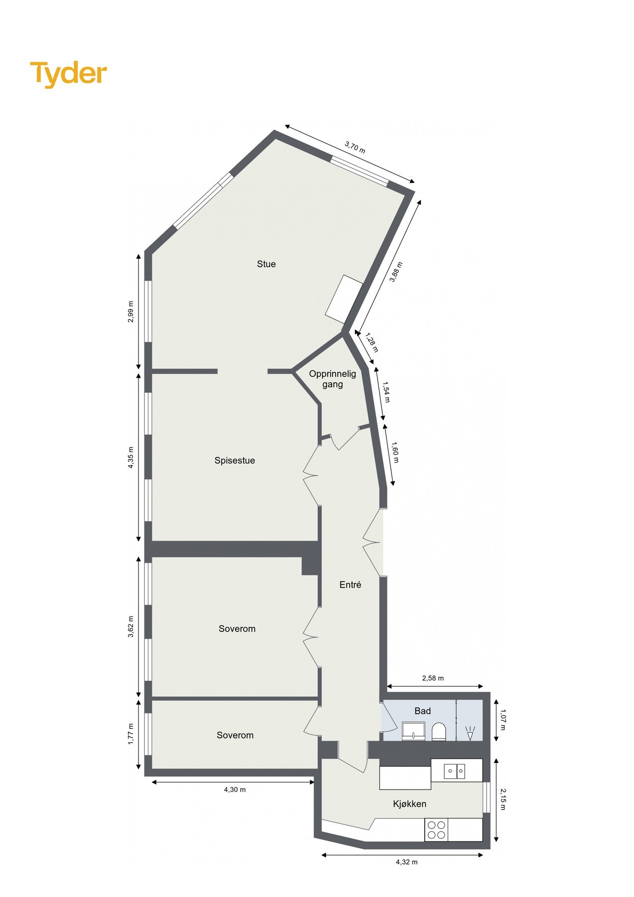 Plantegning. Leiligheten disponerer en kjellerbod på 3 kvm og en loftsbod på 3 kvm. Galleribilde