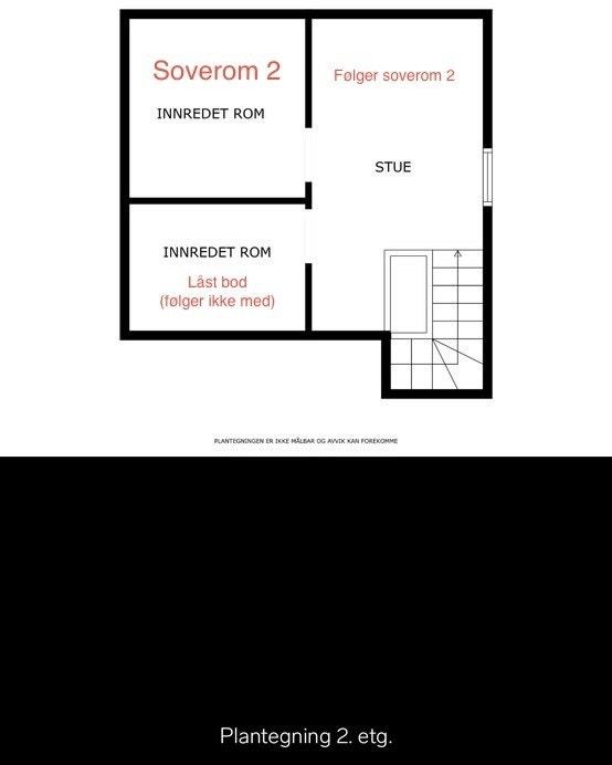 Plantegning 2.etasje, her ligger ett soverom og en bod som vil bli låst av Galleribilde