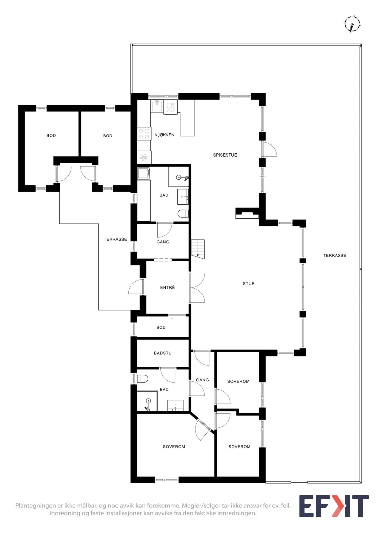 Plantegning som viser planløsningen av hytten. Det er både en stor bod - og et teksnisk rom med masse plass i hytta, så det er svært god plass til oppbevaring. Galleribilde