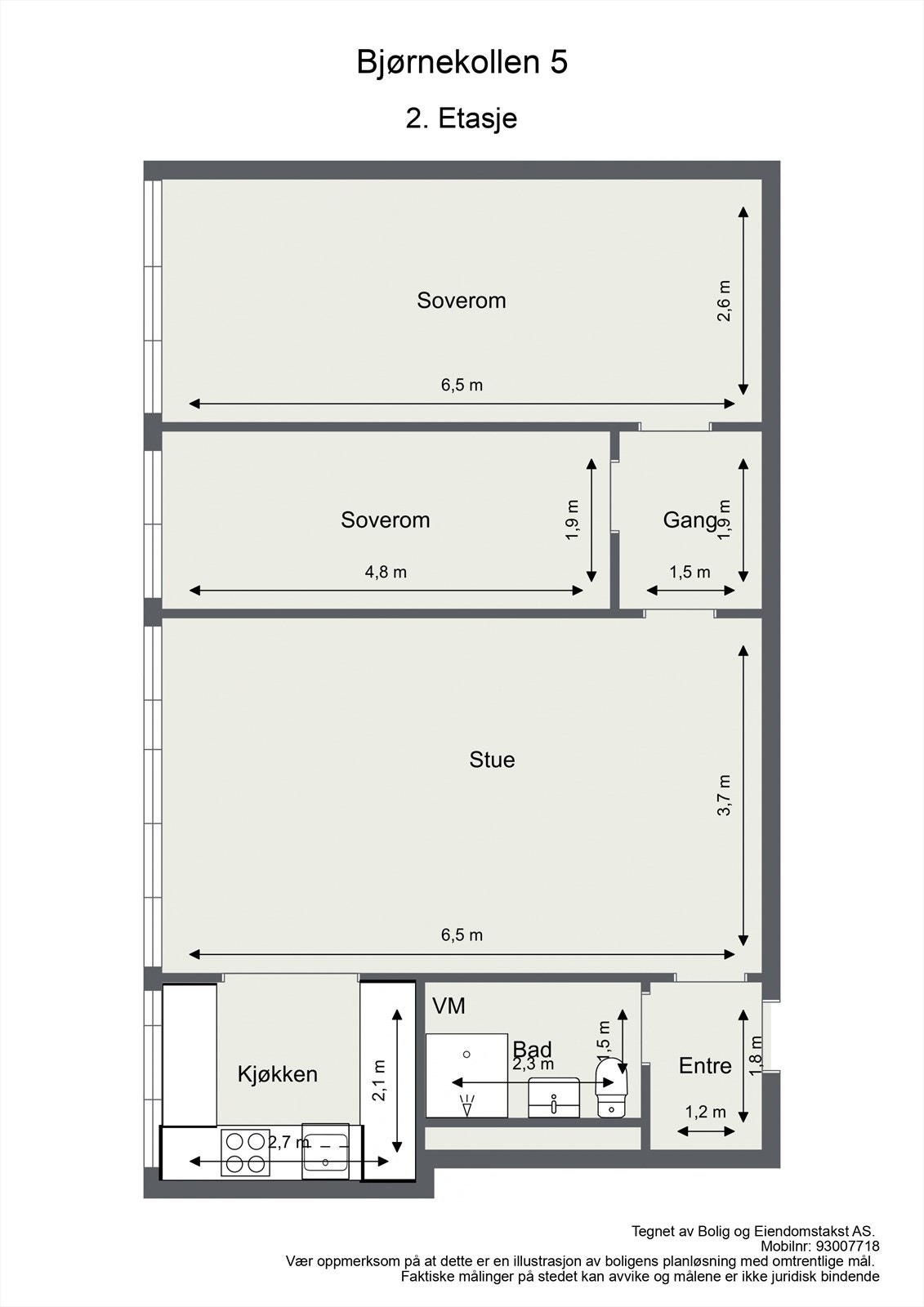 Boligen ligger i byggets ligger i byggets 2 etasje og inneholder følgende: Entré, stue/spisestue, kjøkken, 2 soverom og bad. Galleribilde