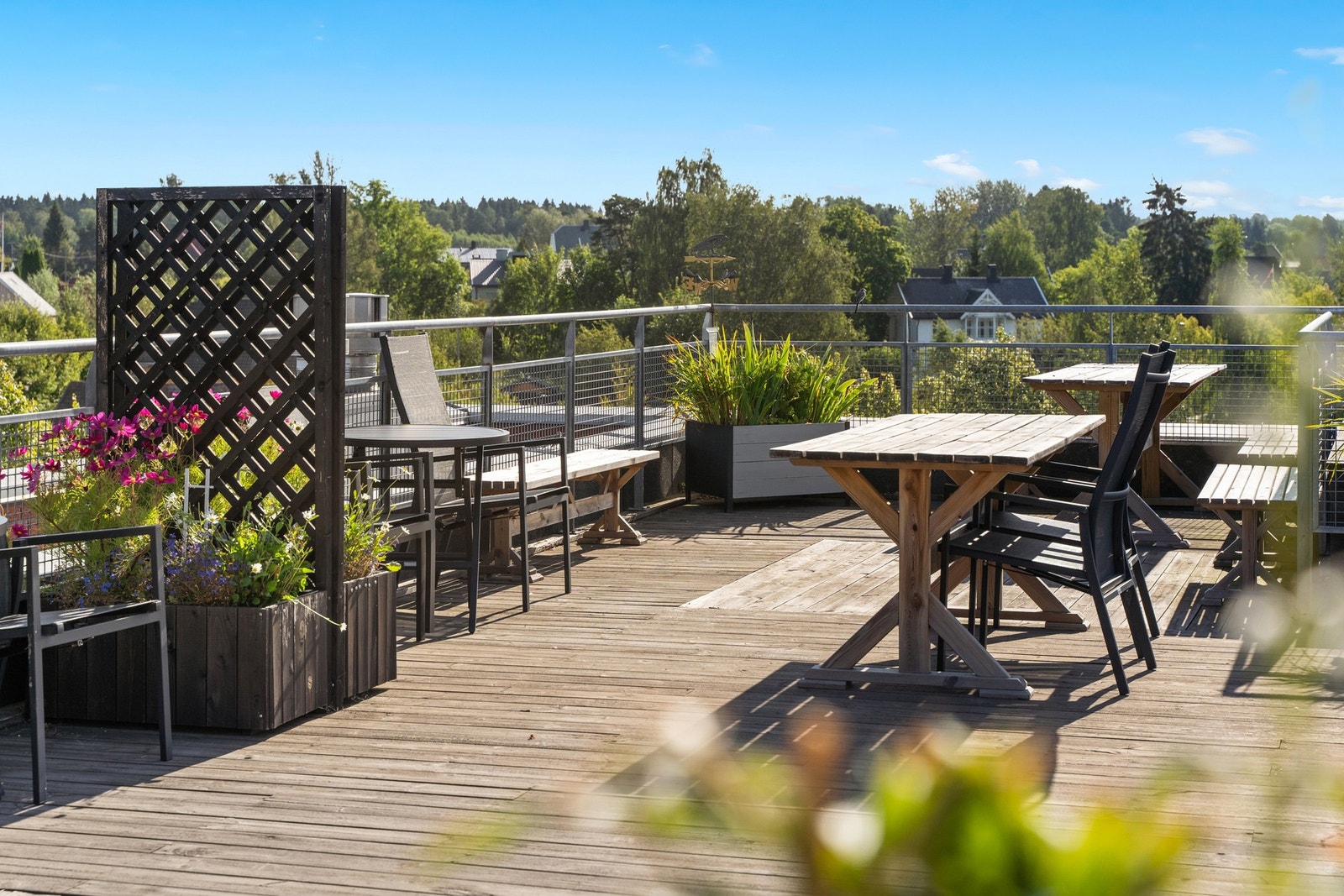 Flott, solrik takterrasse med felles sittegrupper. Galleribilde