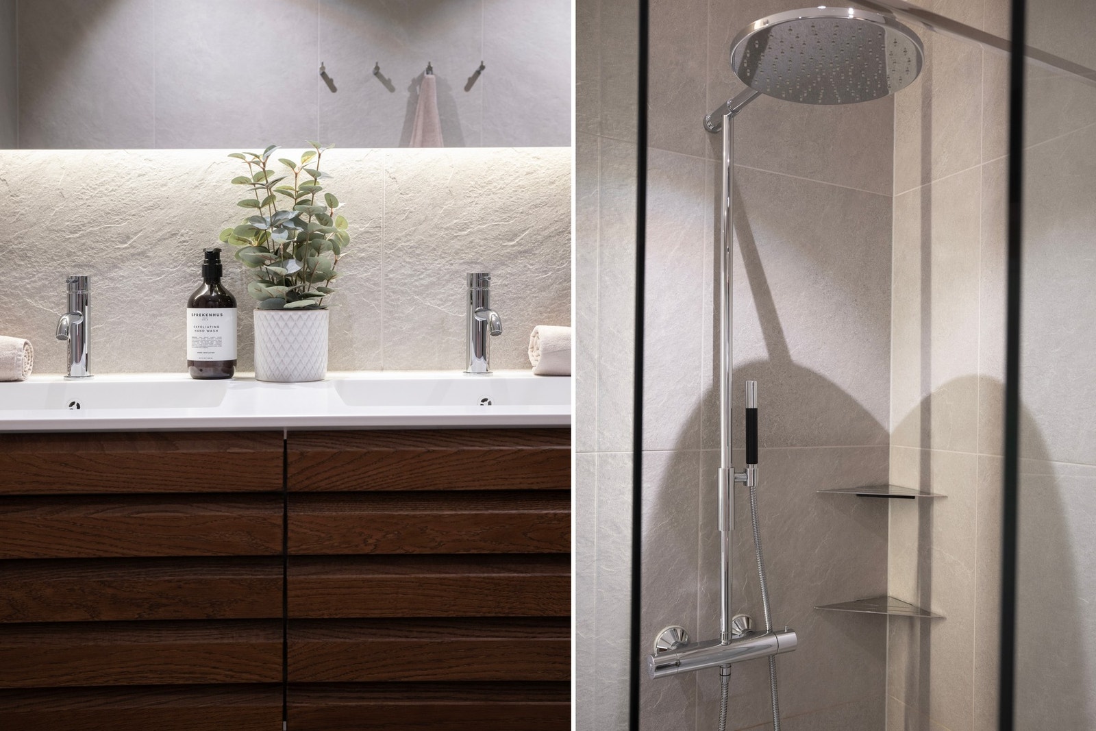 Den vegghengte servantinnredningen fra Linnbad har slette fronter i en varm trestruktur og gir rikelig med oppbevaringsplass. Over innredningen er det montert et duggfritt speil fra Korsbakken med integrert belysning. Galleribilde