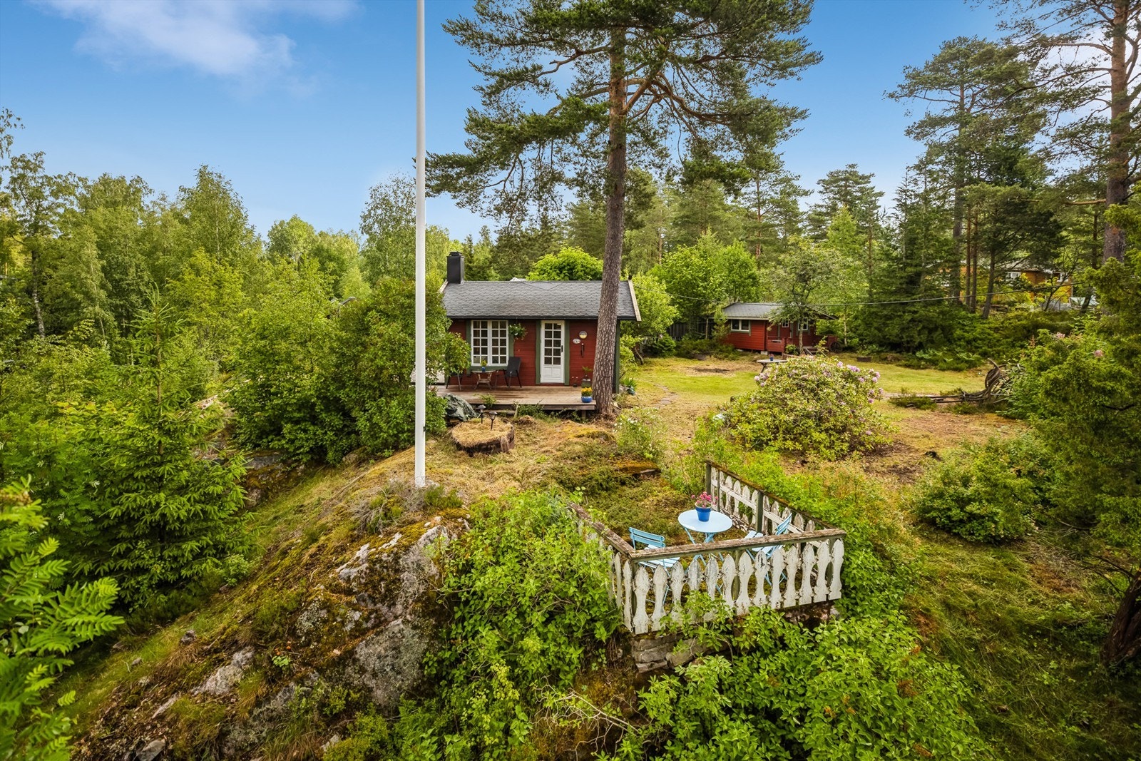 Tomten er opparbeidet med plenarealer og diverse beplantninger og ellers er det mye naturtomt. Galleribilde