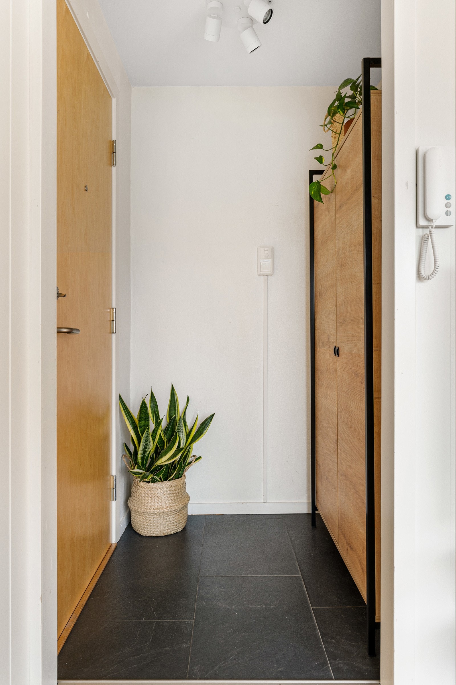 Via felles trappeløp tar man seg opp til leilighetens etasje. Forbi inngangsdøren møtes man av en gang med god plass til å henge fra seg yttertøy og sette fra seg sko. Galleribilde